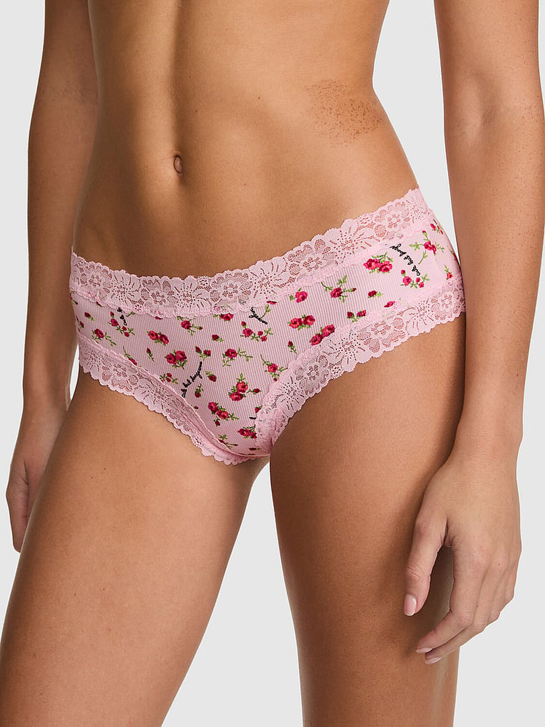 vs Pink PINK Wink&trade; Lace-Trim Cotton Cheeky Panty Pink Tulip Cute But Dangerous Print 1 of 3 
