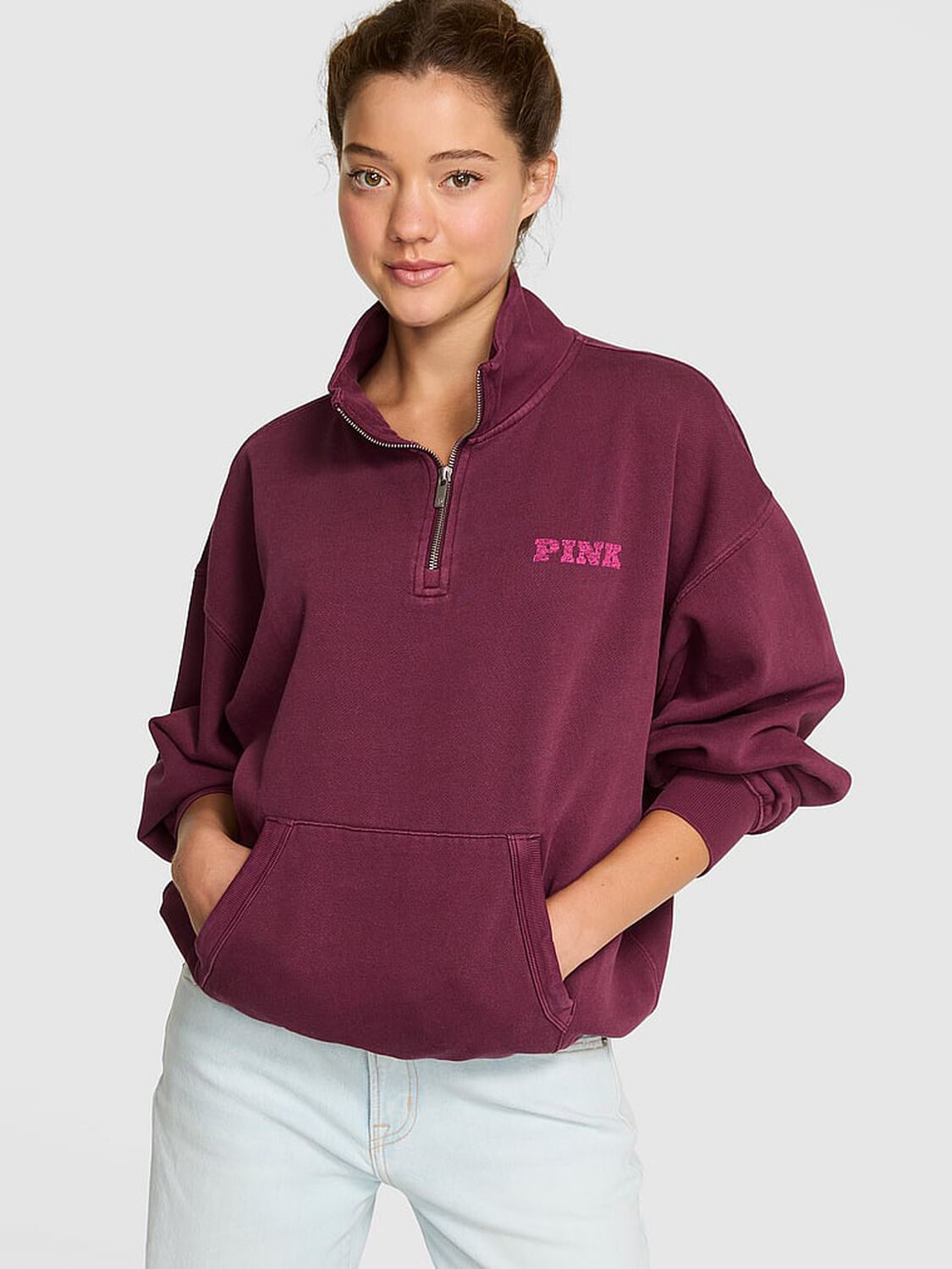 vs Pink Ivy Fleece Quarter-Zip Sweatshirt Wild Rose 1 of 3 