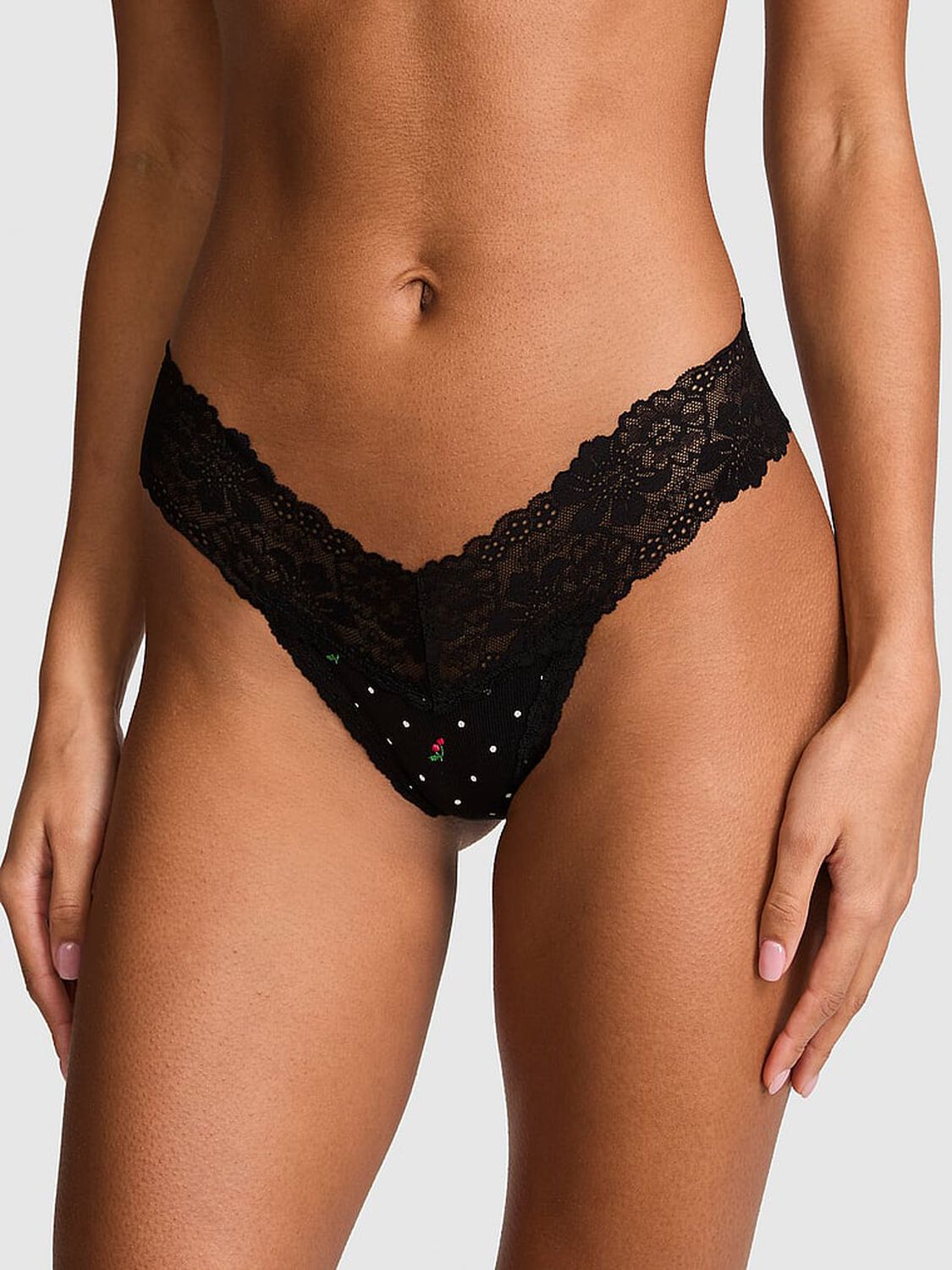 vs Pink PINK Wink&trade; Lace-Trim Thong Panty Black Cherry Dot Print 1 of 3 