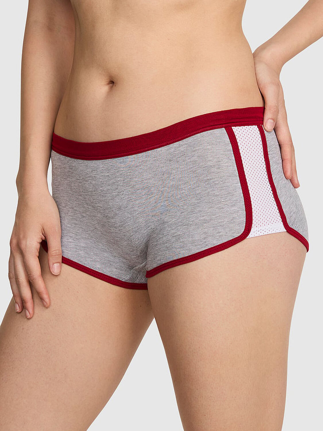 vs Pink Cotton Dorm Boyshort Panty Medium Heather Grey With Red Lacquer Trim 1 of 4 