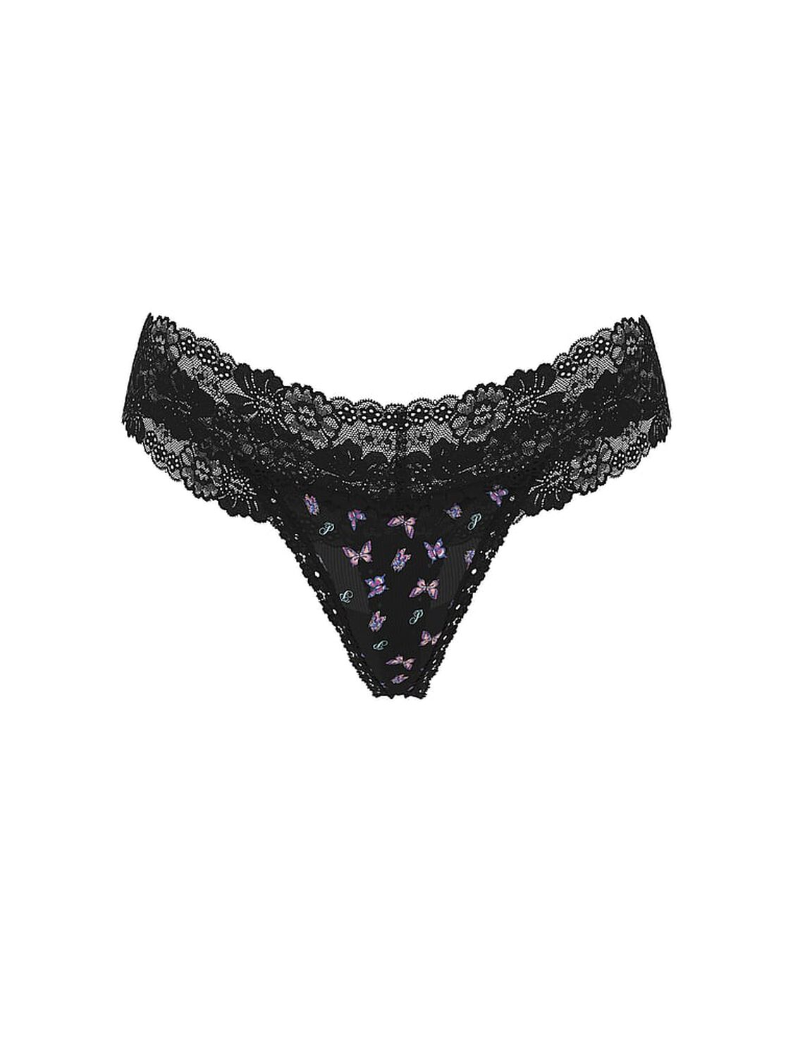 vs Pink Wink Lace-Trim Thong Panty Black Butterfly Print 1 of 2 