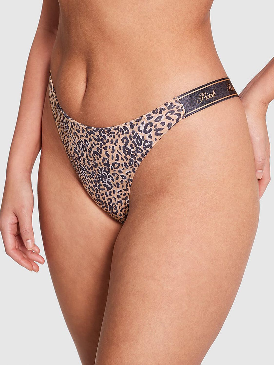 vs Pink Logo Cotton High-Leg Thong Panty Praline Leopard Print 1 of 3 