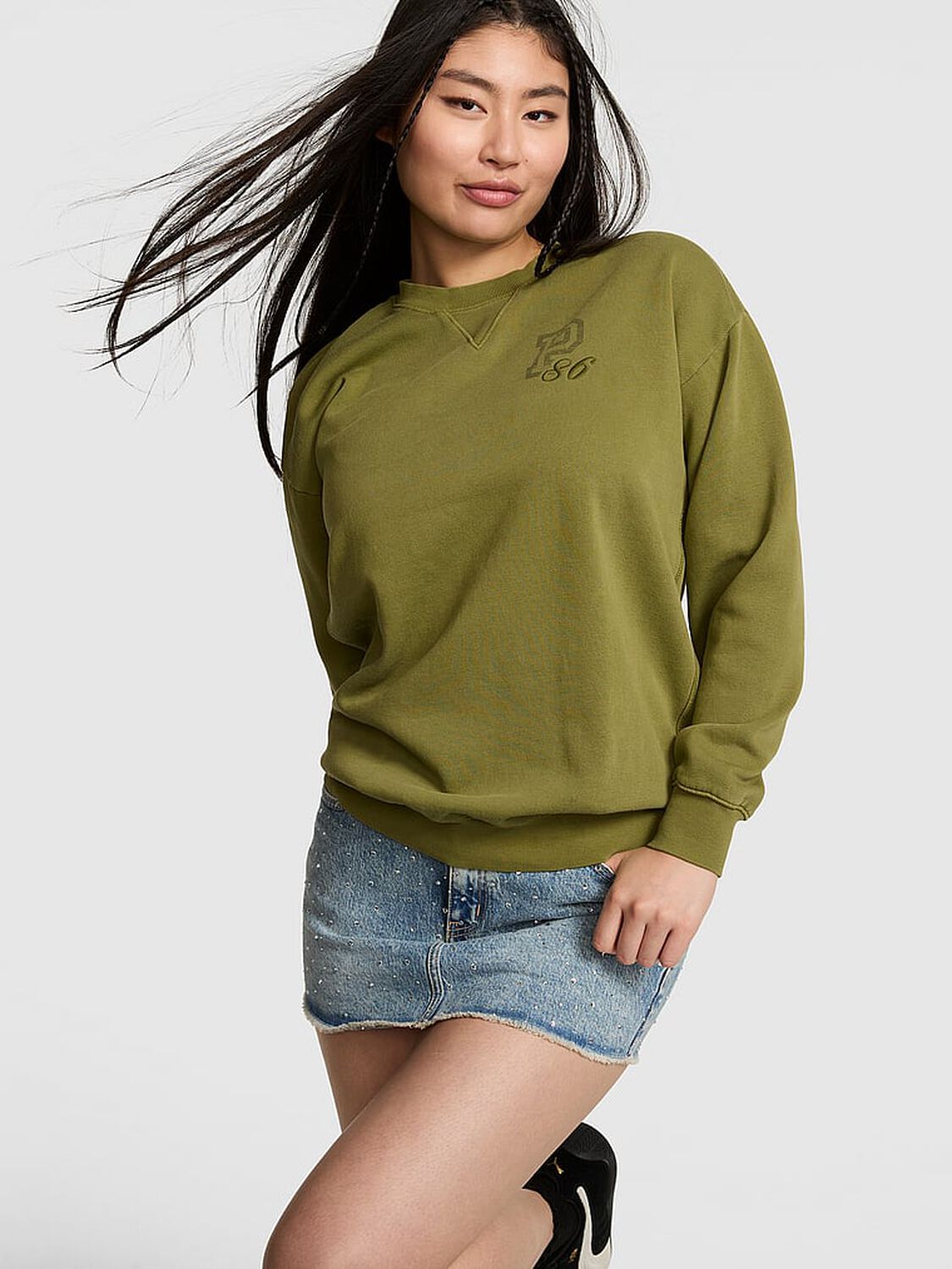 vs Pink Campus Fleece&trade; Oversized Crew Sweatshirt Lizard Green Spring 1 of 3 