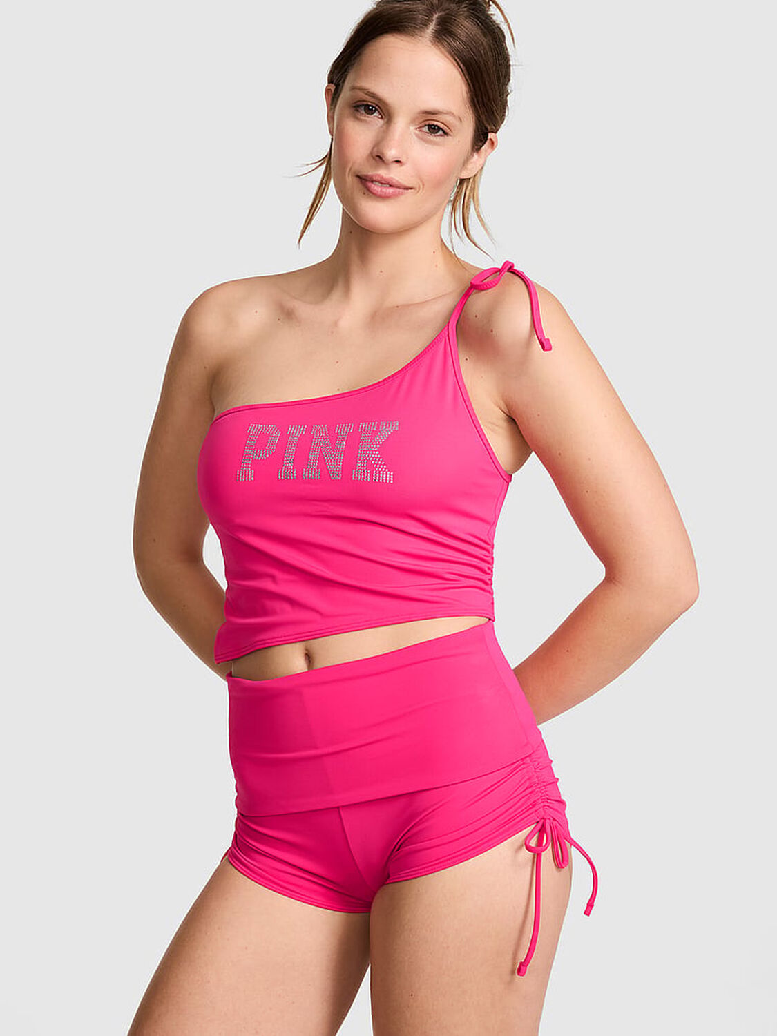 vs Pink Swim One-Shoulder Ruched Tankini Top Hot Stuff 1 of 4 