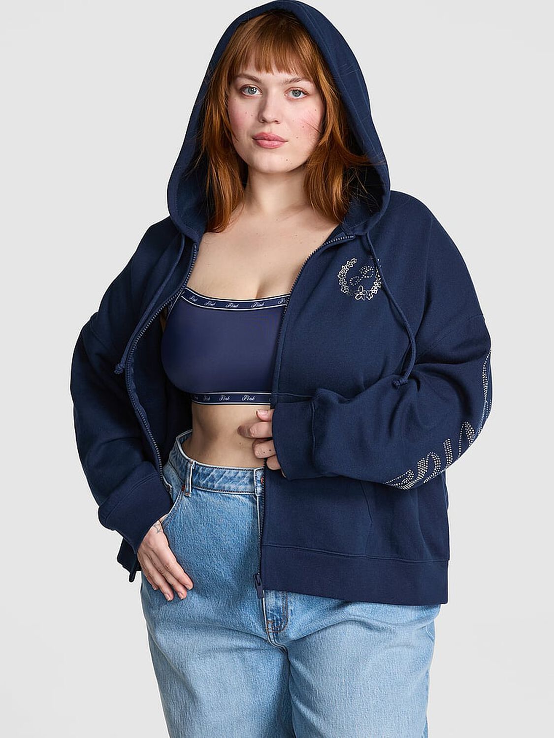 vs Pink Ivy Fleece Campus Full-Zip Hoodie Noir Navy Shine 1 of 4 
