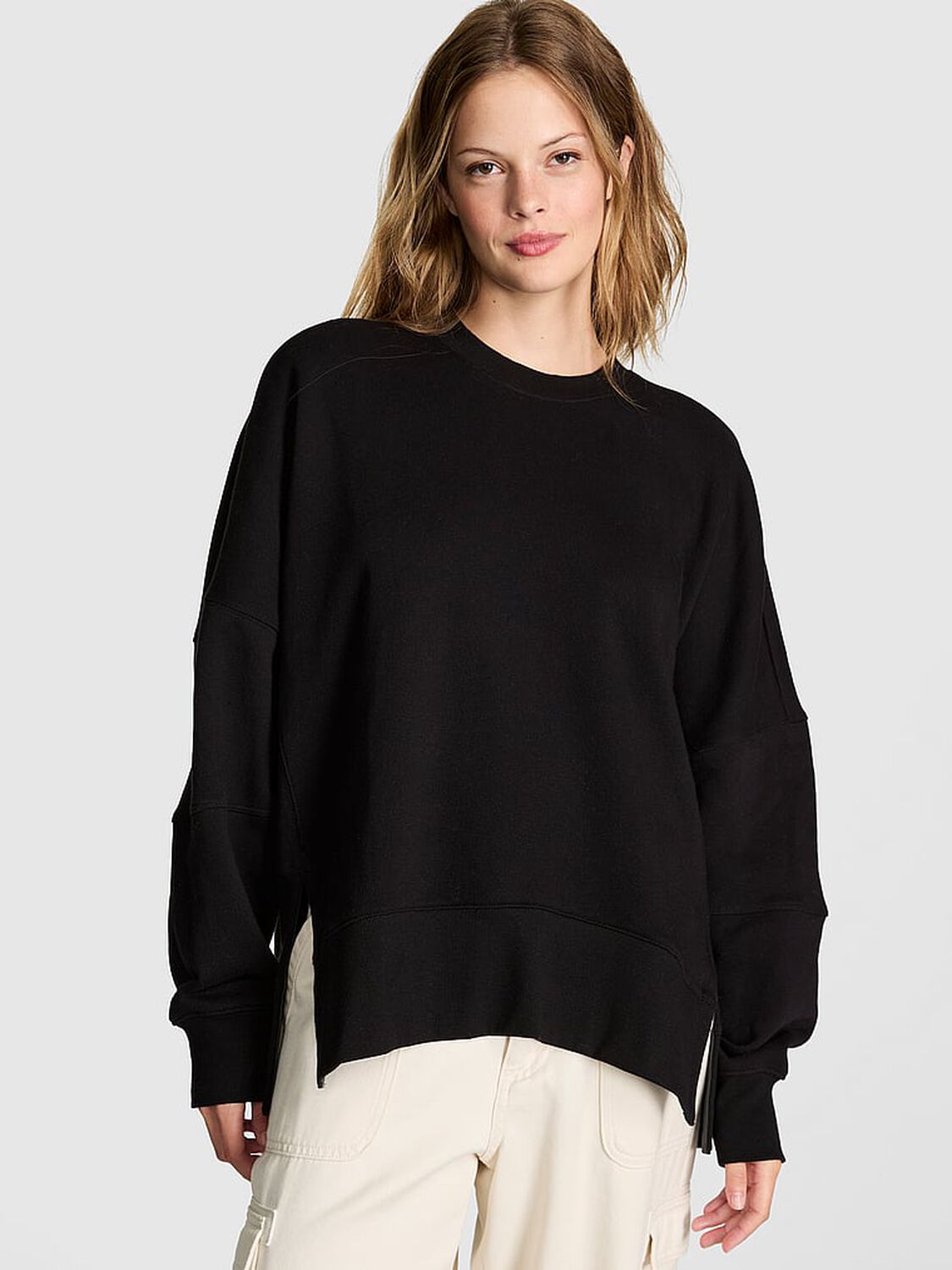 vs Pink Ivy Fleece Tunic Crew Sweatshirt Pure Black 1 of 2 