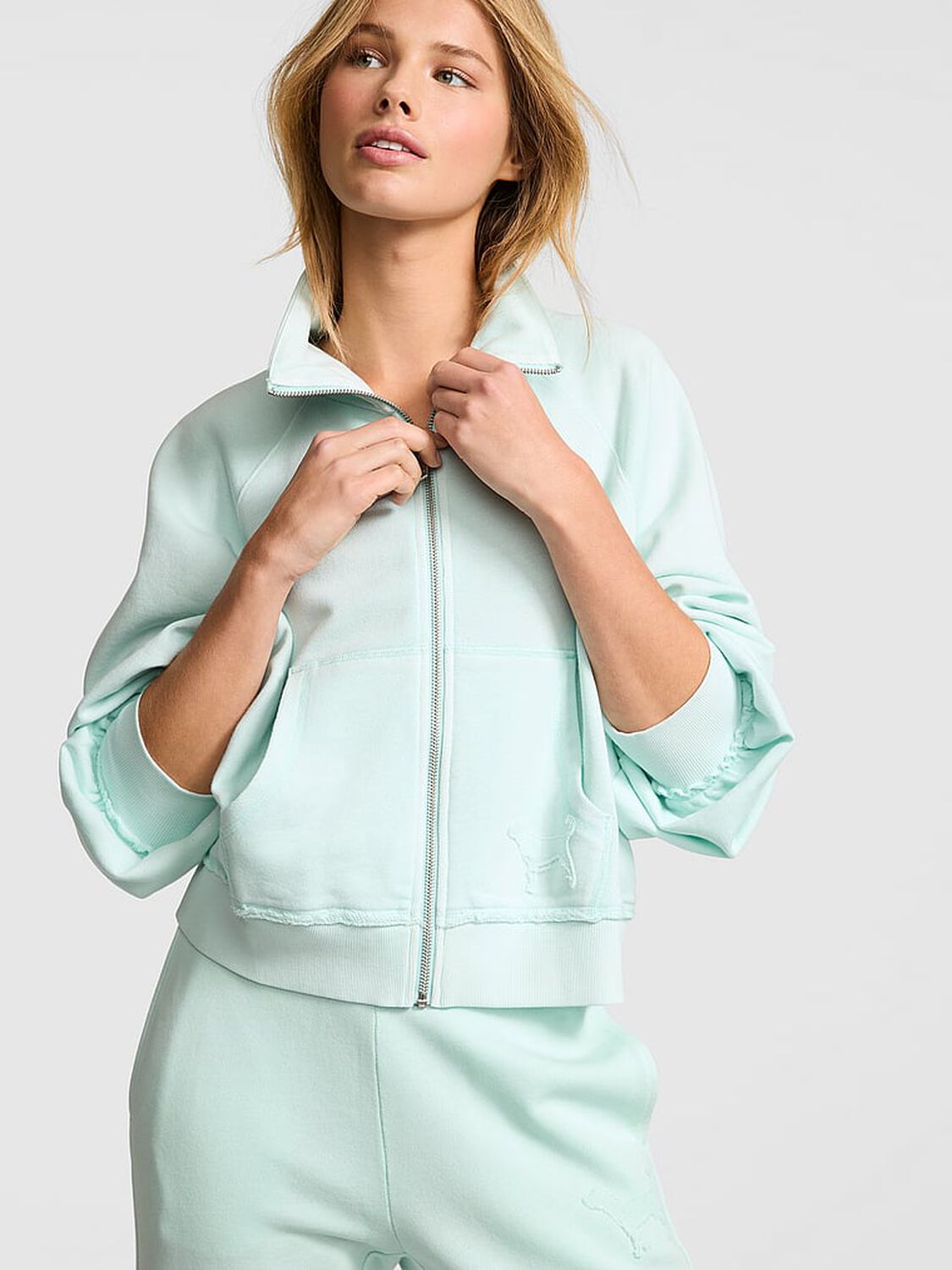 vs Pink Campus Terry&trade; Mock-Neck Full-Zip Sweatshirt Spray Blue 1 of 4 