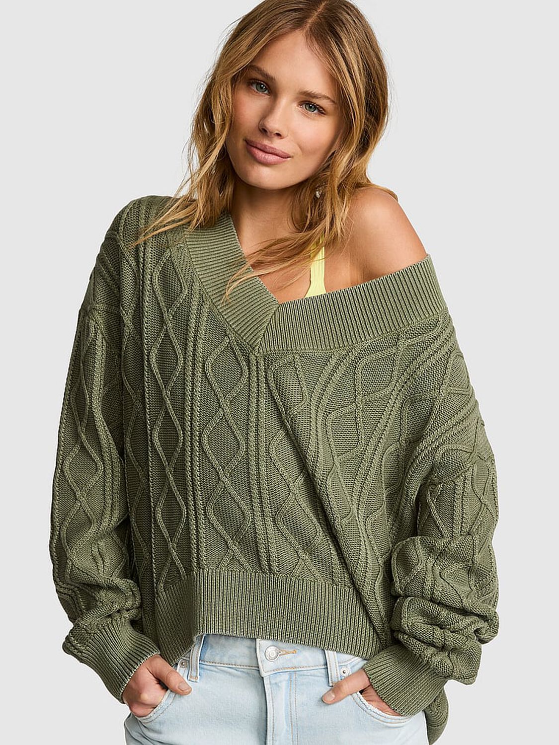vs Pink Oversized Cable Knit V-Neck Sweater Slate Green 1 of 3 