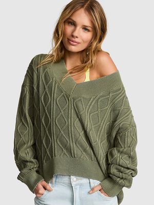 Oversized Cable Knit V-Neck Sweater
