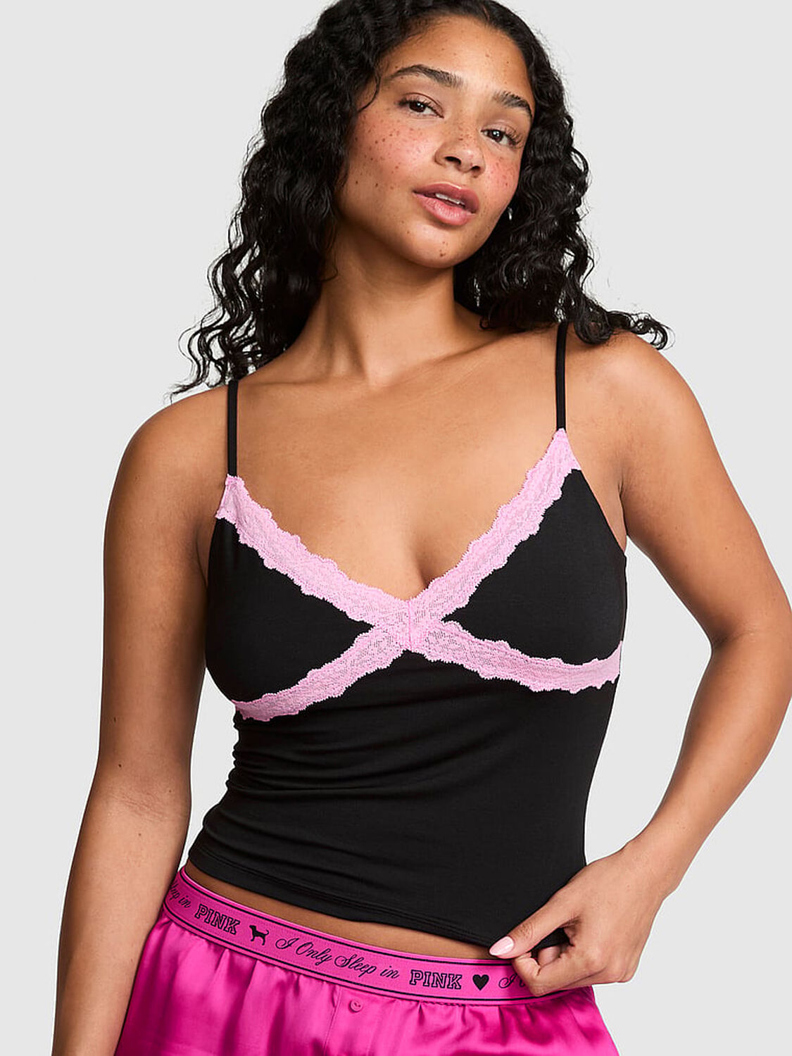 vs Pink Modal Lace-Trim Cami Black 1 of 3 