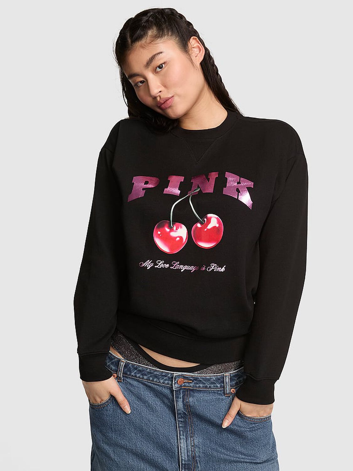 vs Pink Campus Fleece&trade; Oversized Crew Sweatshirt Pure Black Vday 1 of 4 
