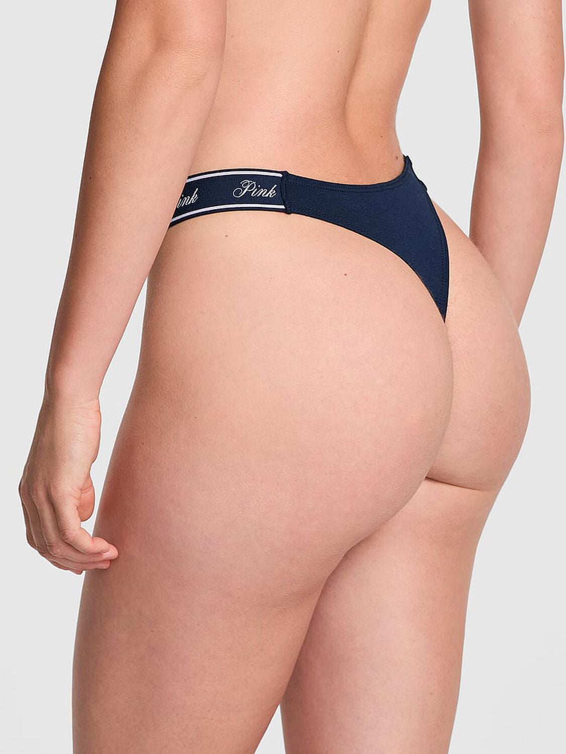 vs Pink Logo Cotton Shine High-Leg Thong Panty Noir Navy 2 of 3 