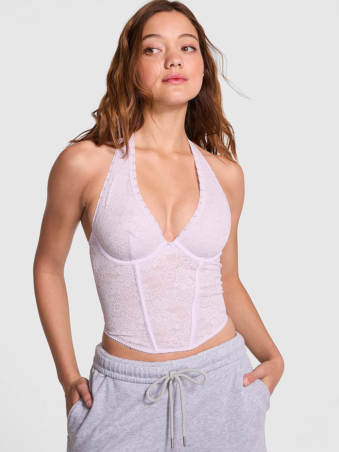 vs Pink Bralettes & Bra Tops Wink Lace Halter Corset Top Purple Whisper 3 of 3 