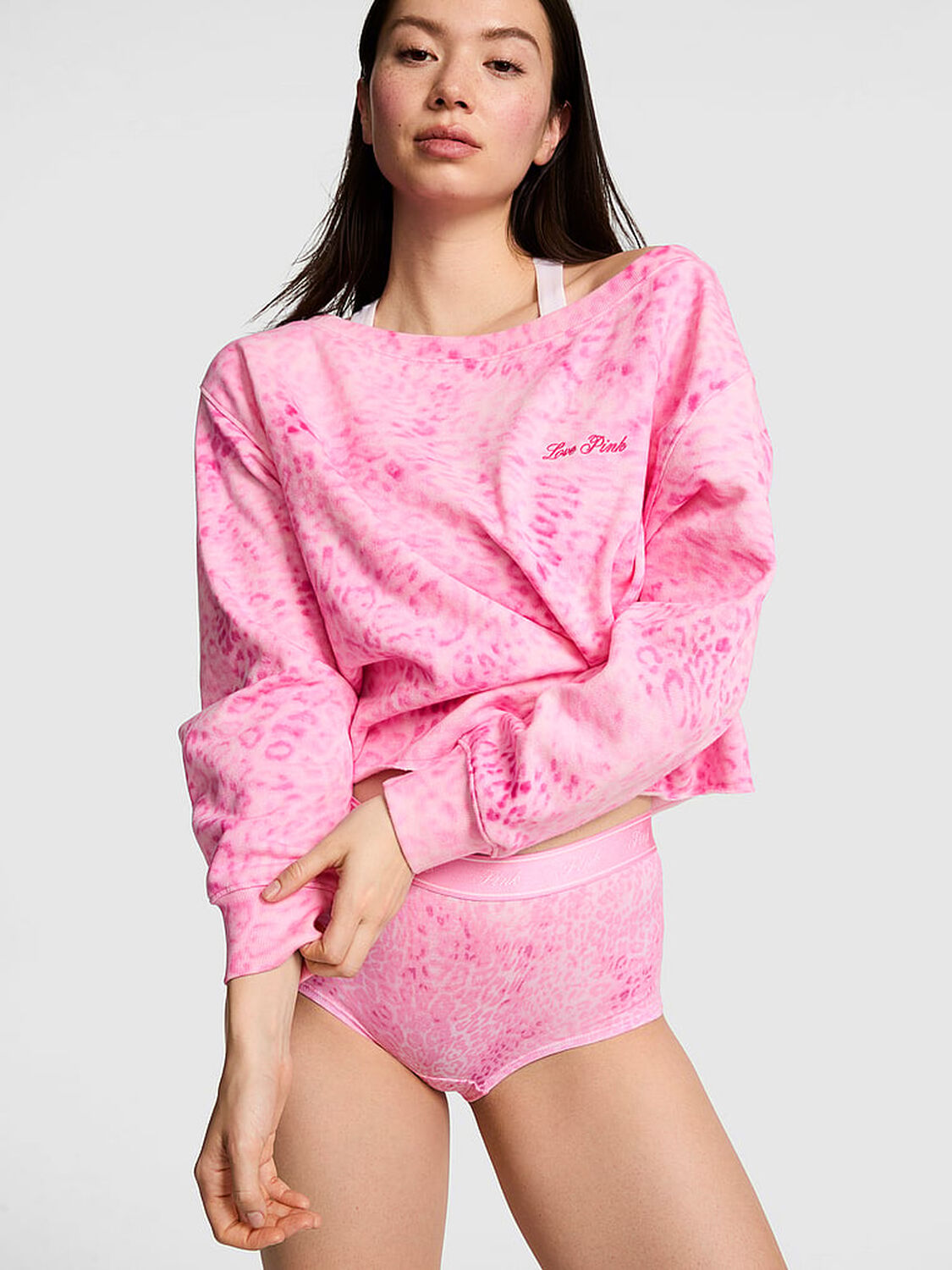 vs Pink Campus Fleece&trade; Rib Off-The-Shoulder Sweatshirt Pink Leopard 1 of 4 