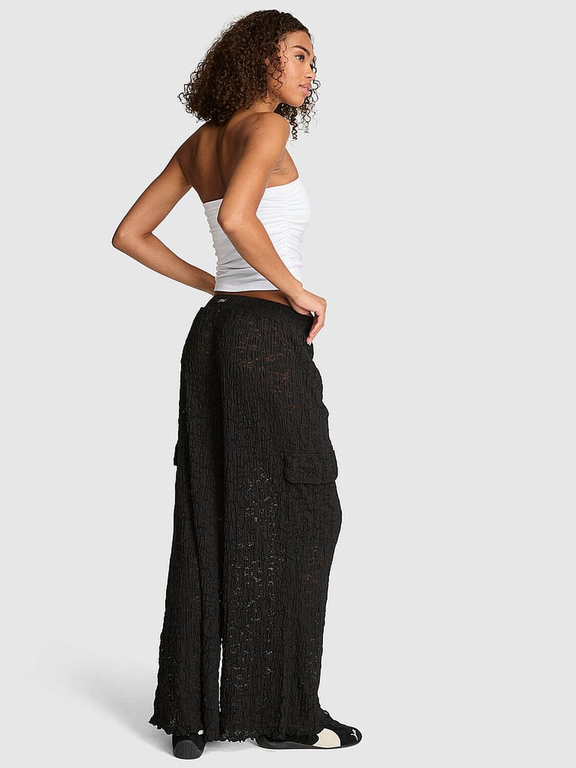 pink Swim Floral Crochet Cover-Up Pants Black 2 of 3 