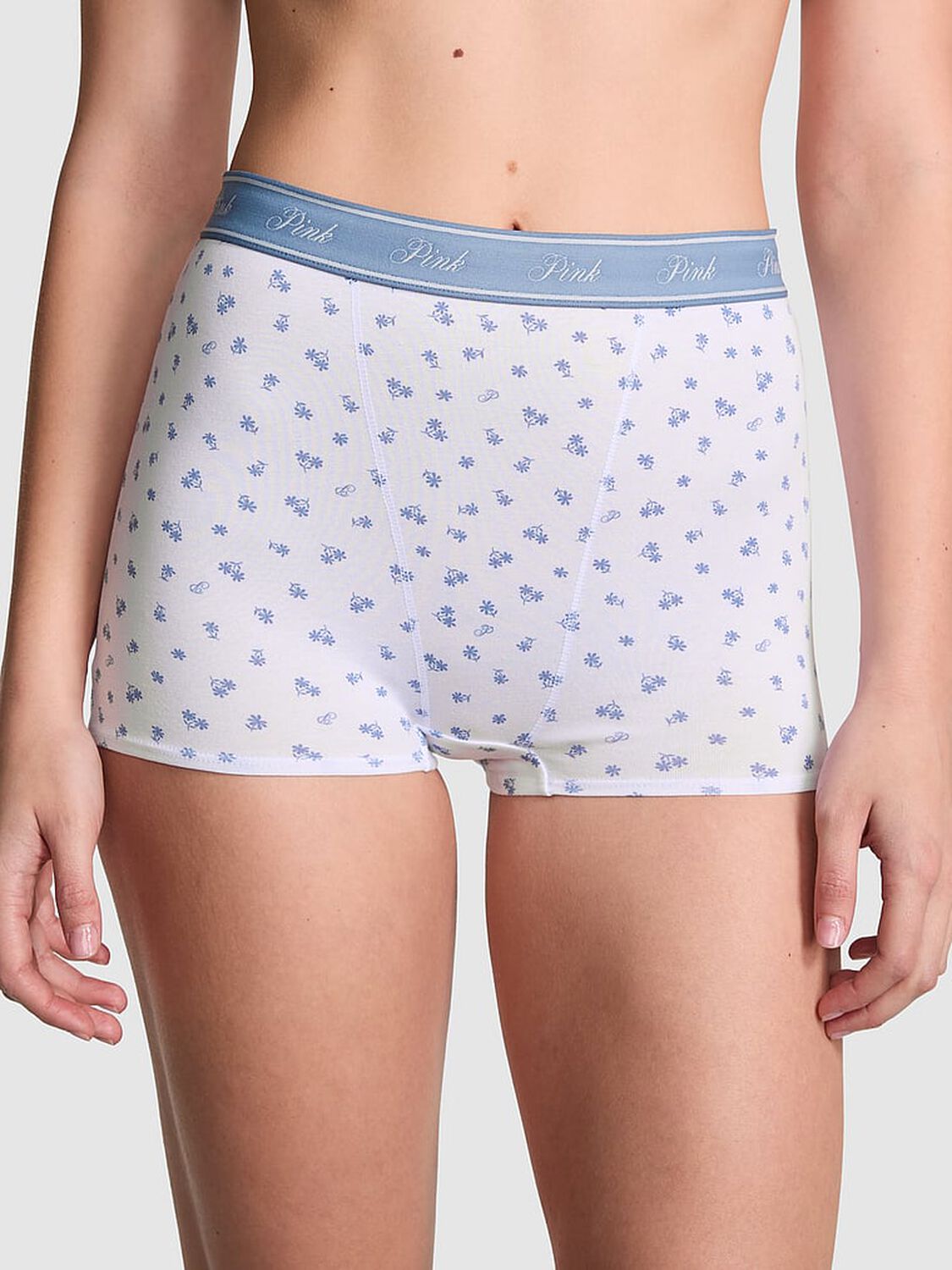 vs Pink Logo Cotton High-Waist Boyshort Panty White Blue Floral Print 1 of 3 