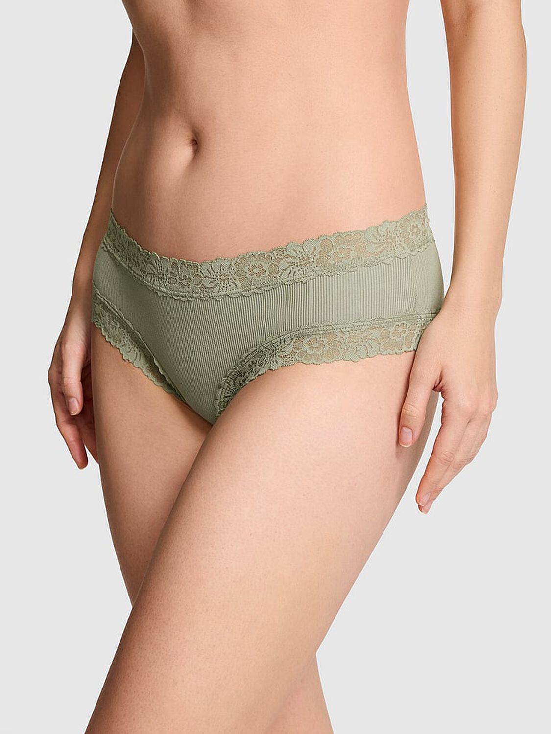 vs Pink PINK Wink&trade; Lace-Trim Cheeky Panty Slate Green 1 of 3 
