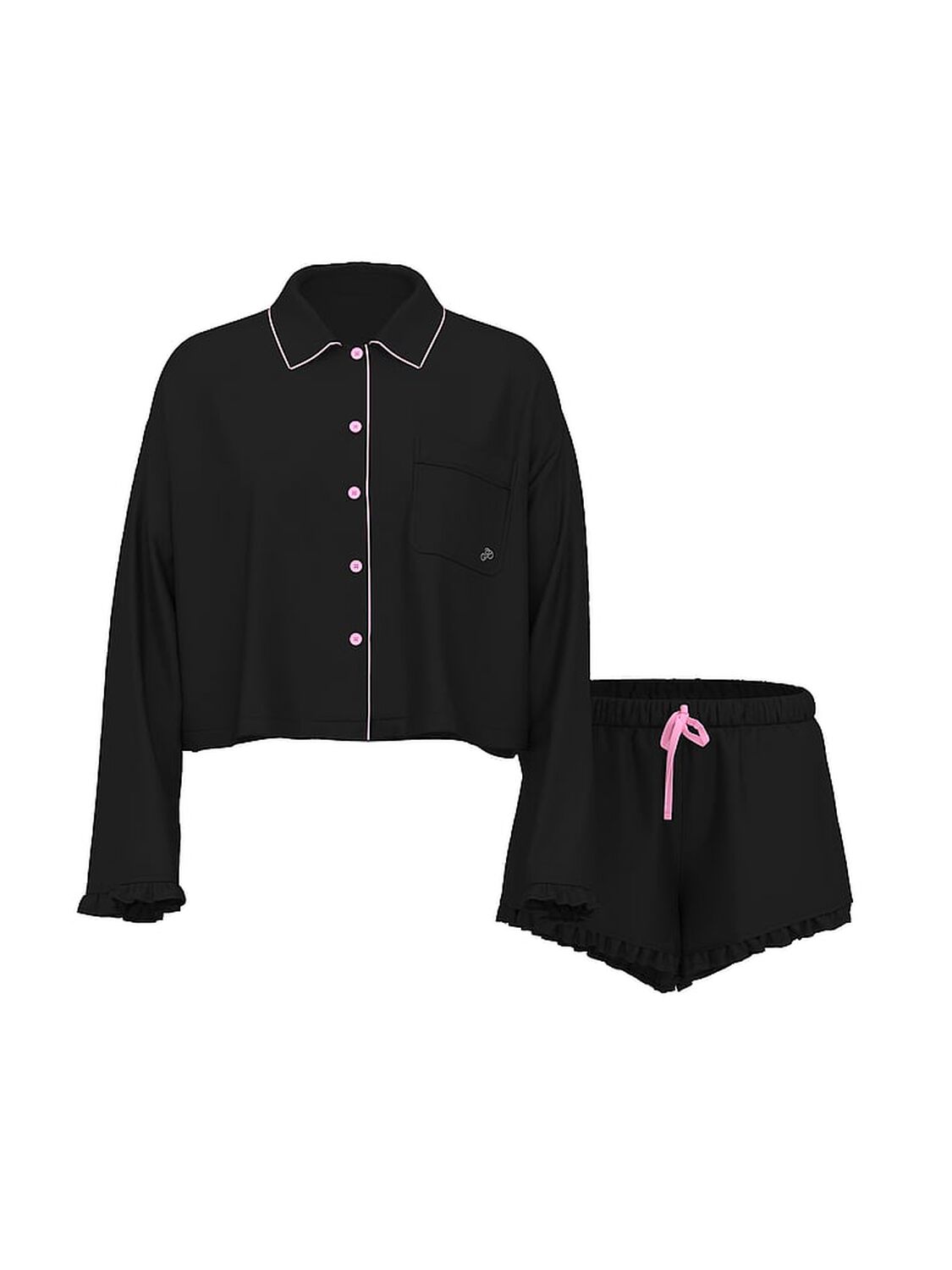vs Pink GRWPINK&trade; Satin Long-Sleeve and Shorts Pajama Set Black With Pink Trims 3 of 4 