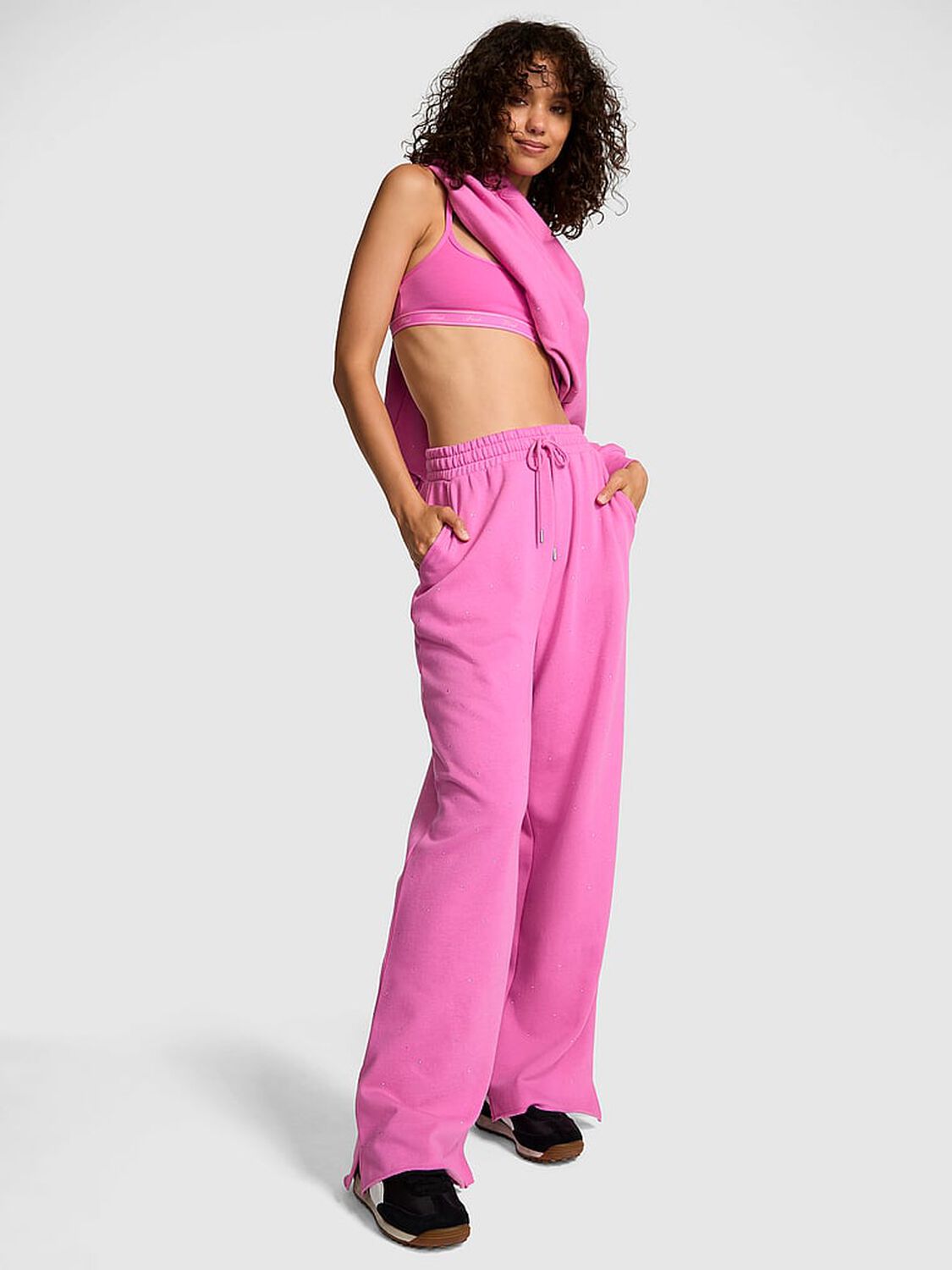 vs Pink Ivy Fleece Wide-Leg Split-Hem Sweatpants New Peony Band 1 of 3 