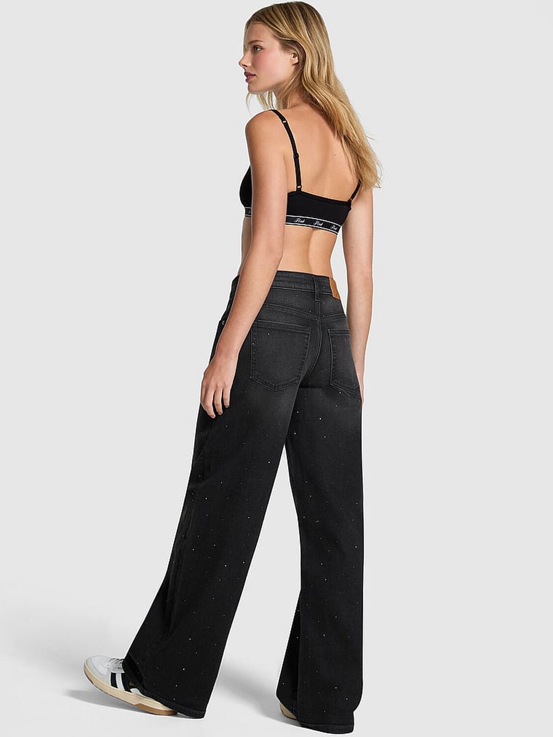 pink Pink Denim by PINK Mid-Rise Baggy Wide-Leg Jeans Black Denim Wash Diamante 2 of 3 