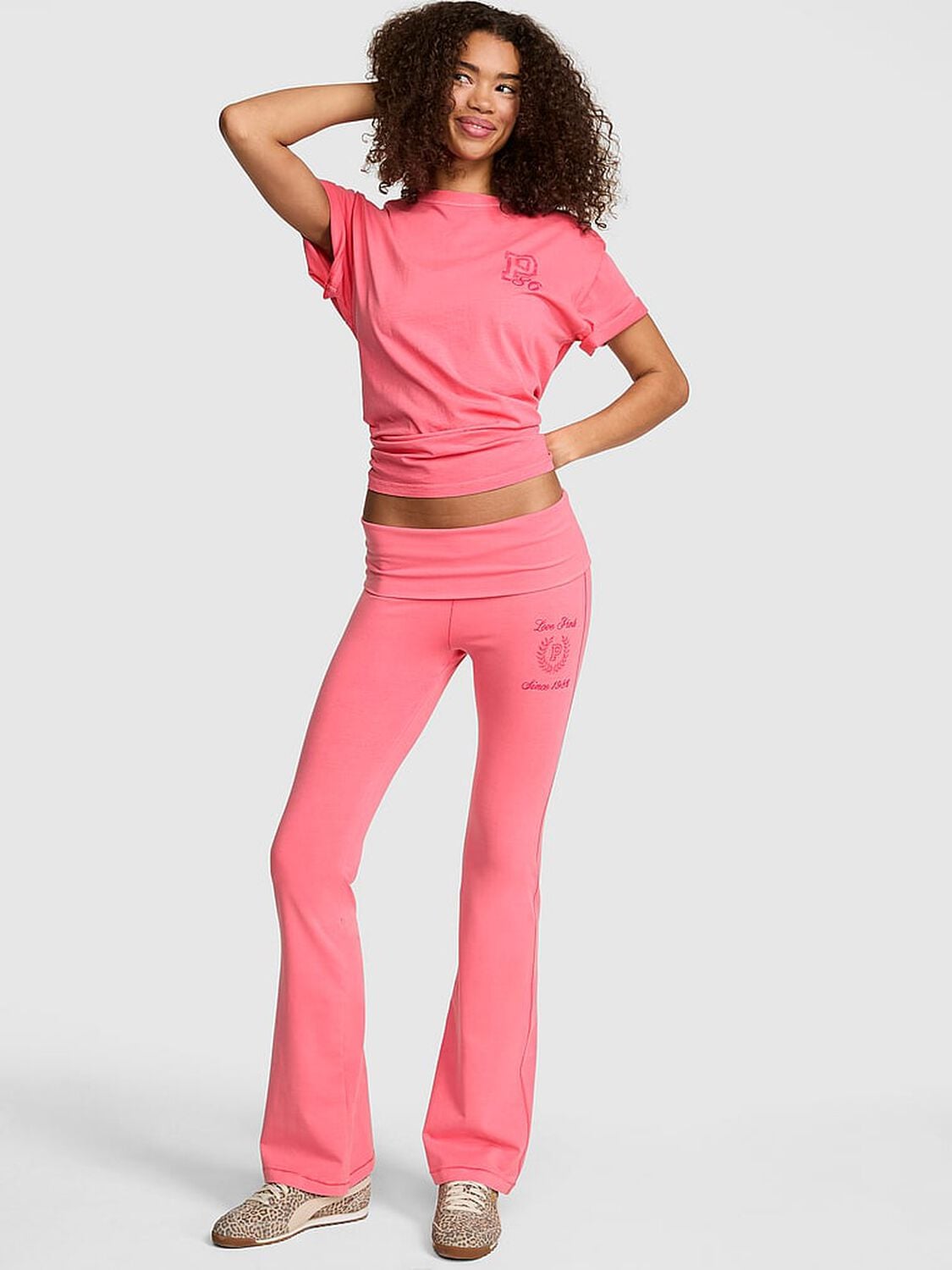 vs Pink All-Day Cotton&trade; Foldover Flare Leggings Vivid Pink Wash 1 of 3 