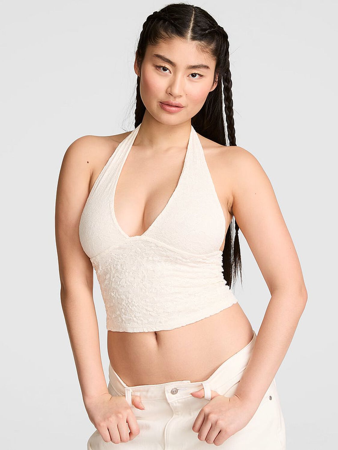vs Pink PINK Base Lace Plunge Halter Top Winter White 1 of 3 