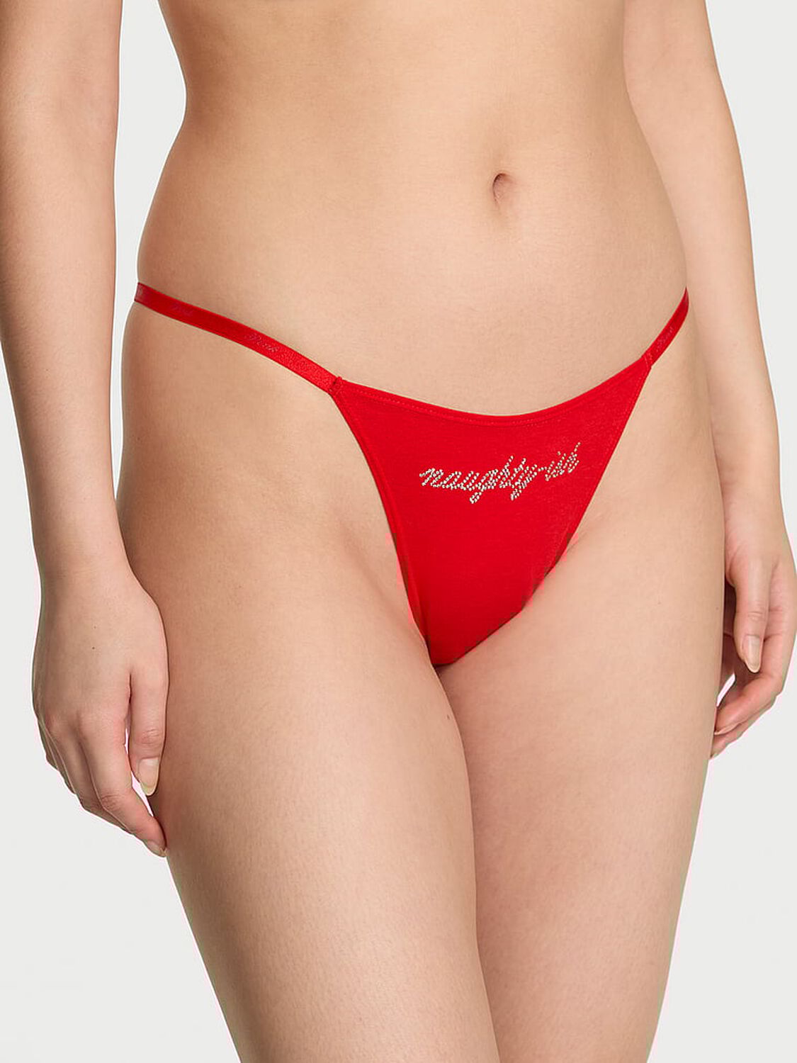 vs Pink Logo Cotton Scoop Thong Panty Bright Vermillion Naughtyish Diamante Graphic 1 of 2 