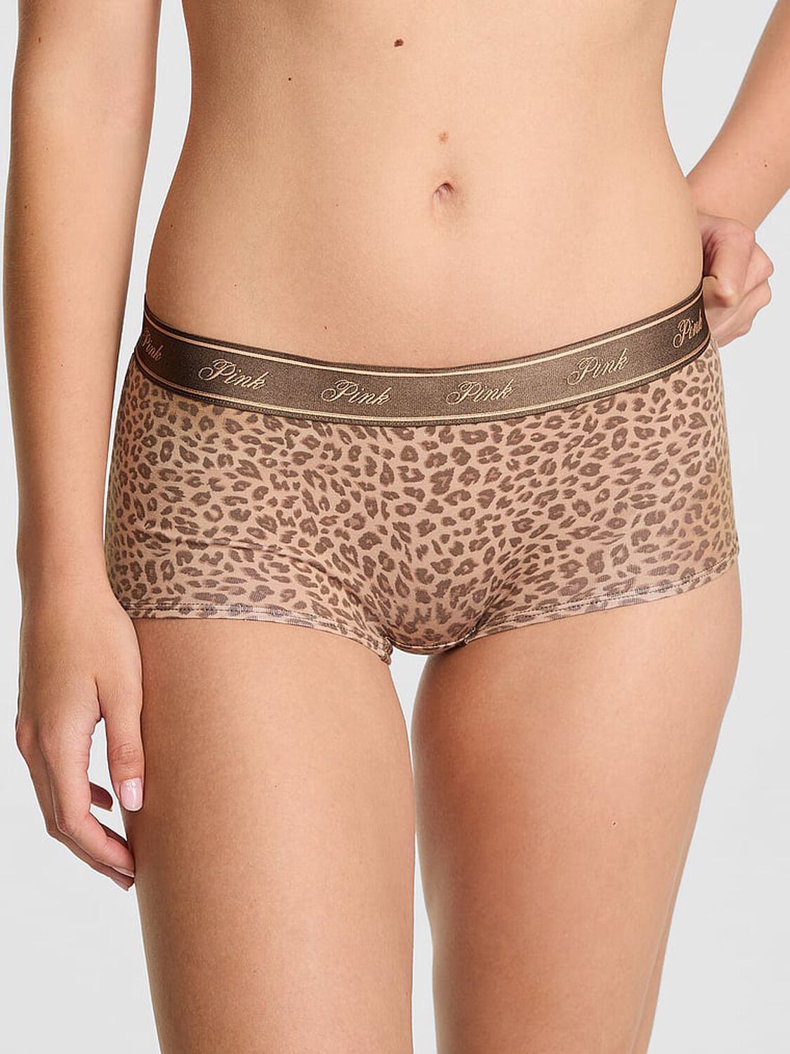 vs Pink Logo Cotton Boyshort Panty Birch Brown Leopard Print 1 of 4 