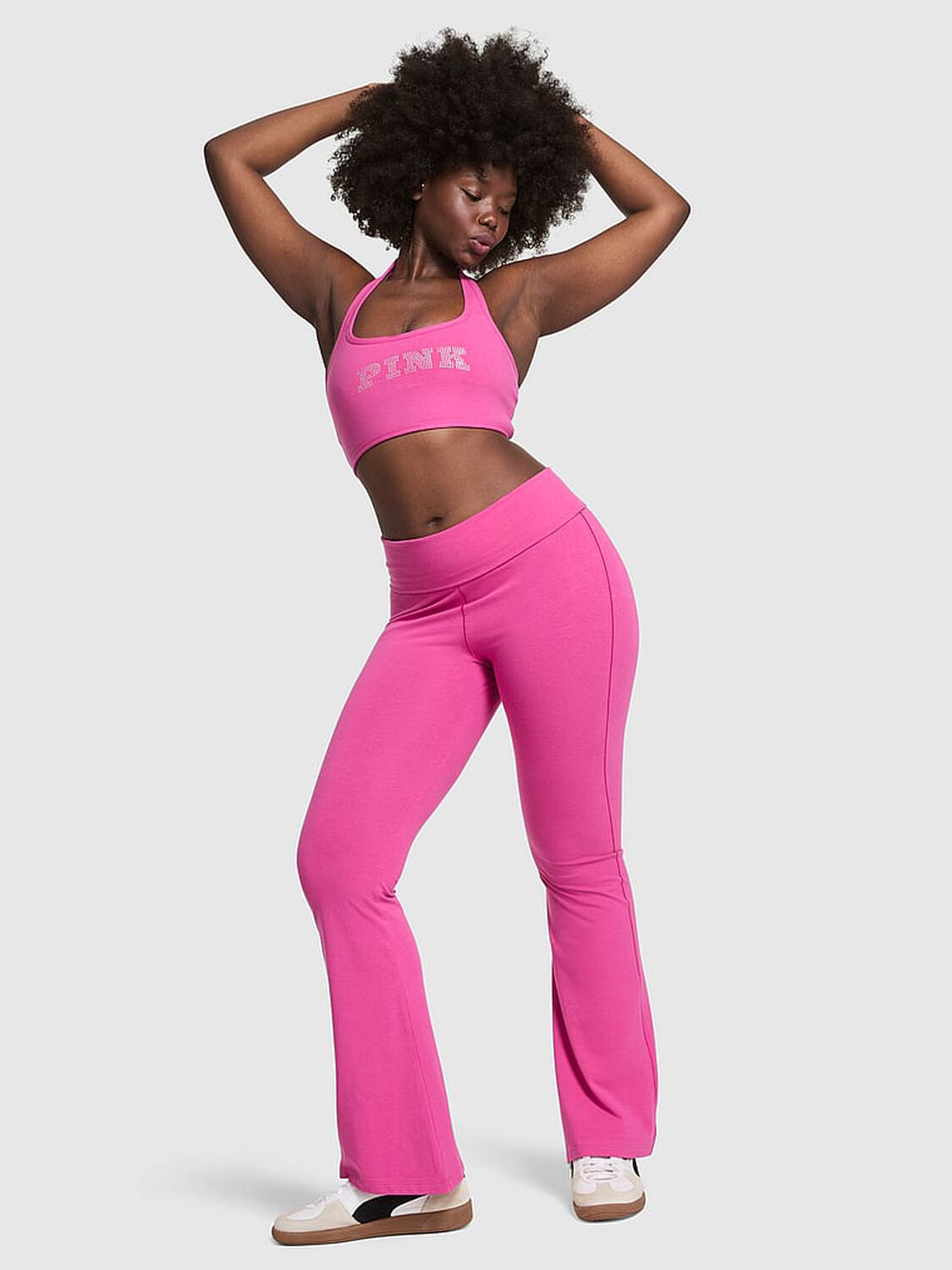 vs Pink All-Day Cotton Foldover Flare Leggings Pink Fire Shine 1 of 3 