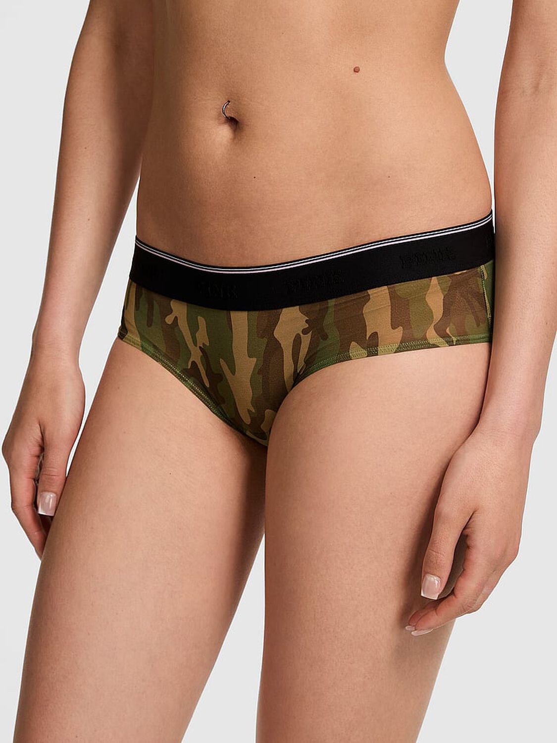 vs Pink Logo Mesh Hiphugger Panty Spanish Moss Green Camo 1 of 3 