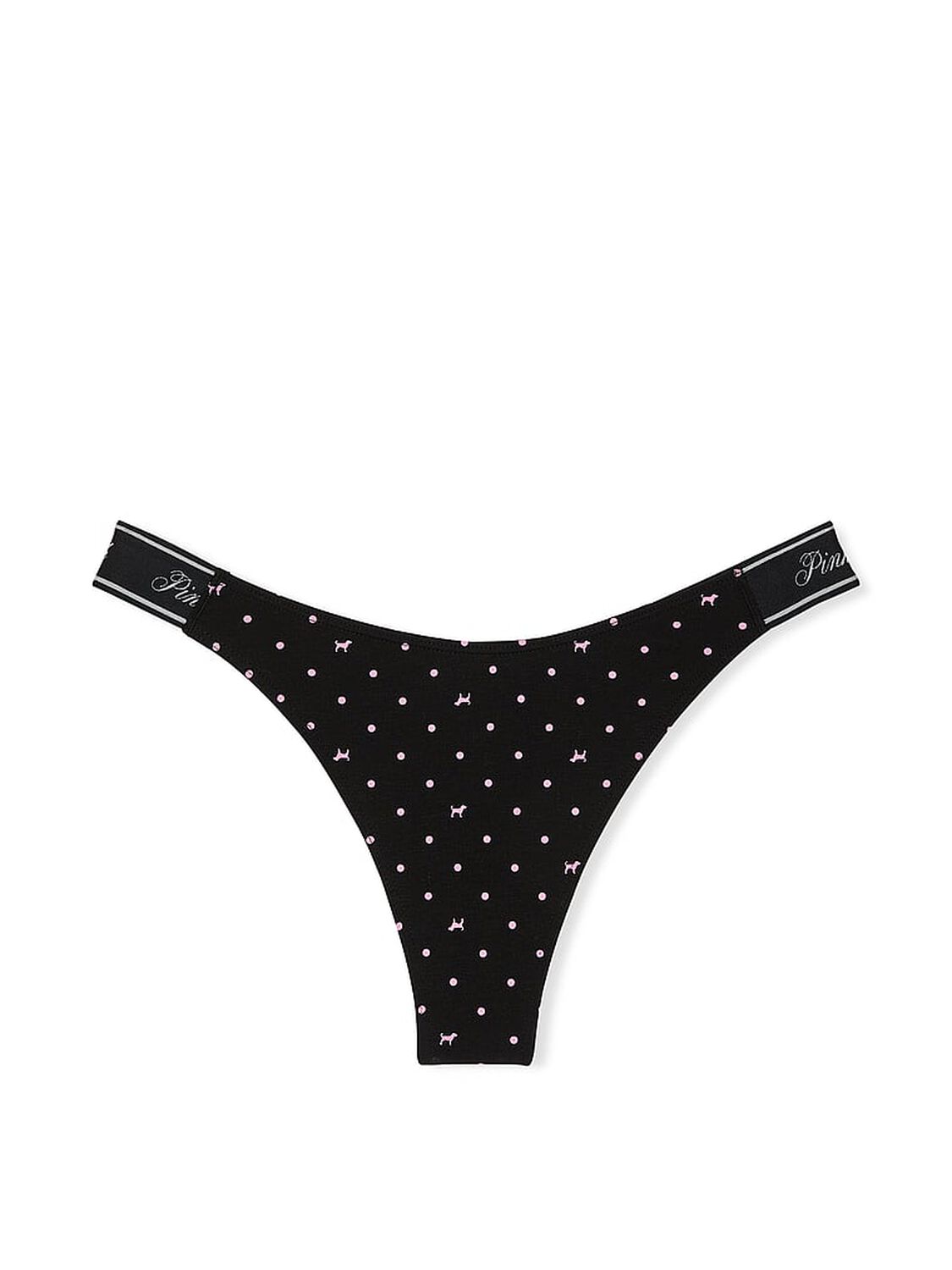 vs Pink Logo Cotton Shine High-Leg Thong Panty Black Dot Dog Print 3 of 3 