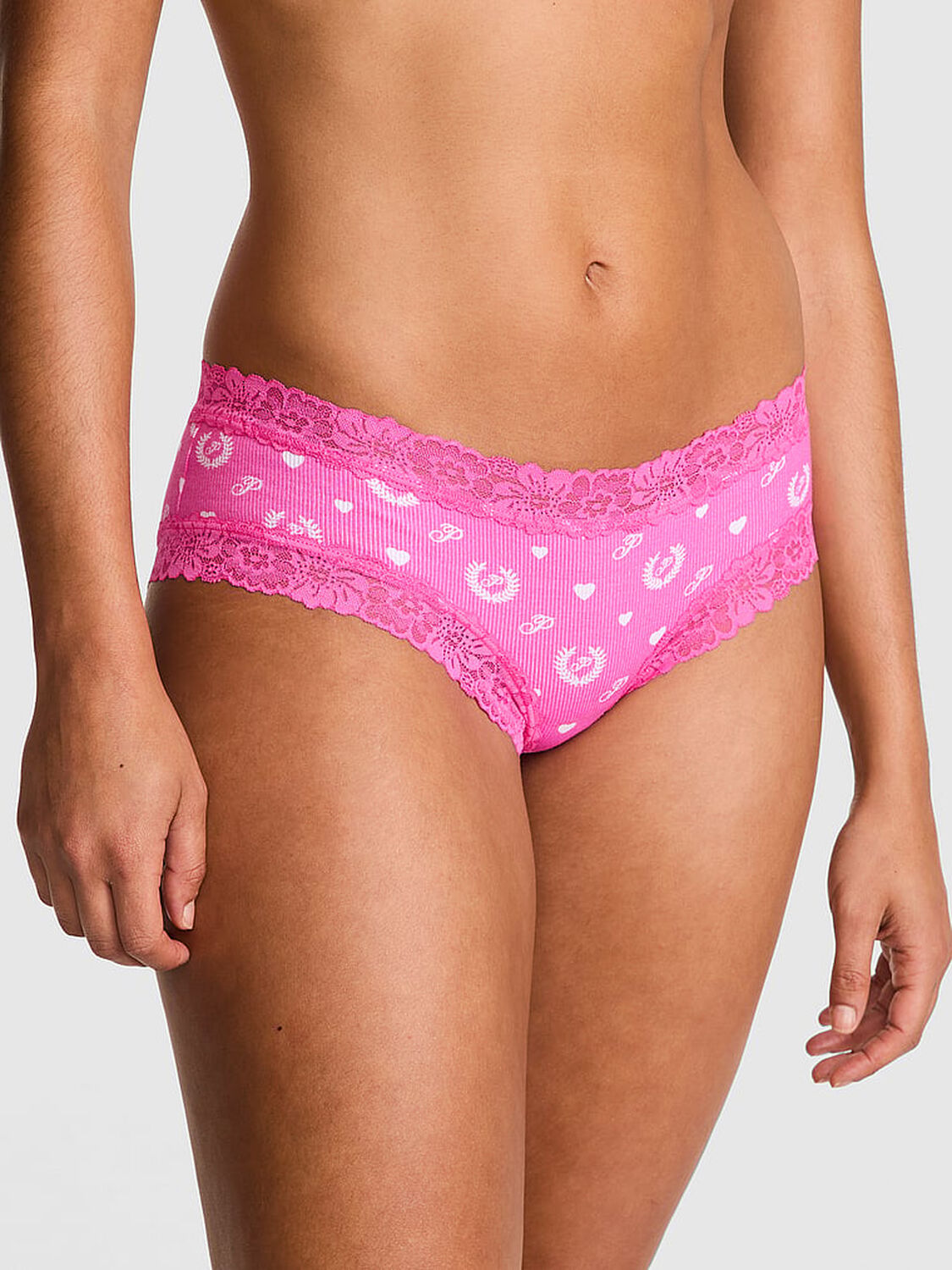 vs Pink Wink Lace-Trim Cheeky Panty Pink Gossip Laurel Heart Print 1 of 3 