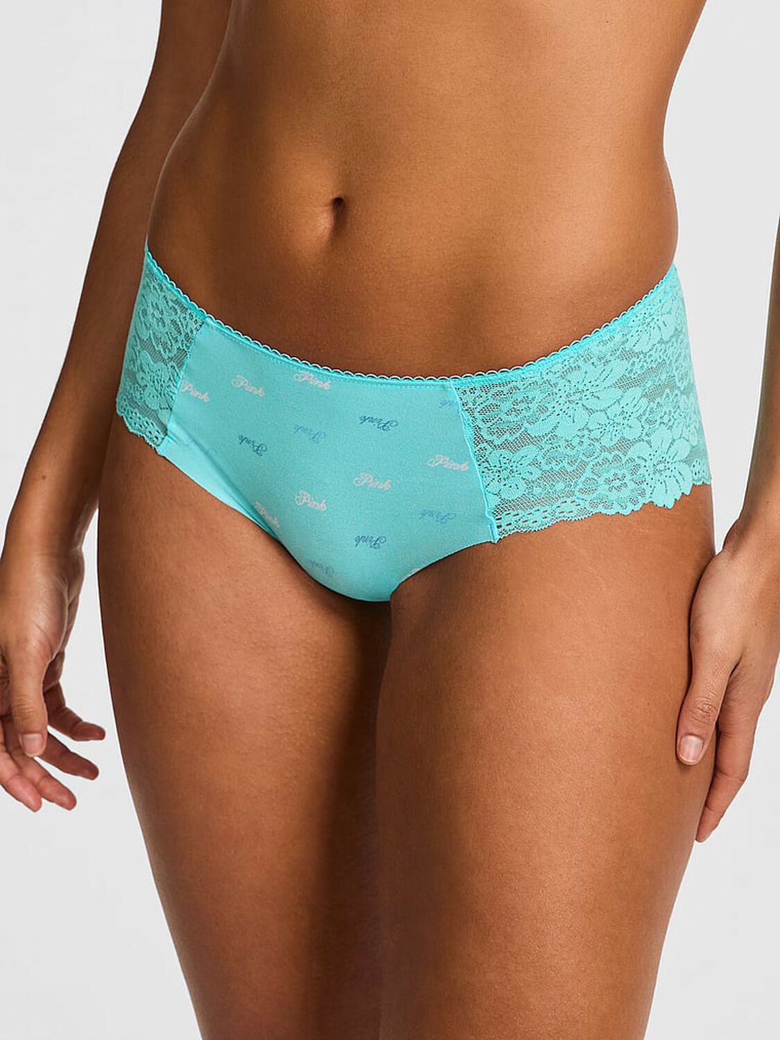 vs Pink No-Show Cheeky Panty Aqua Chill Heritage Script Print 1 of 3 