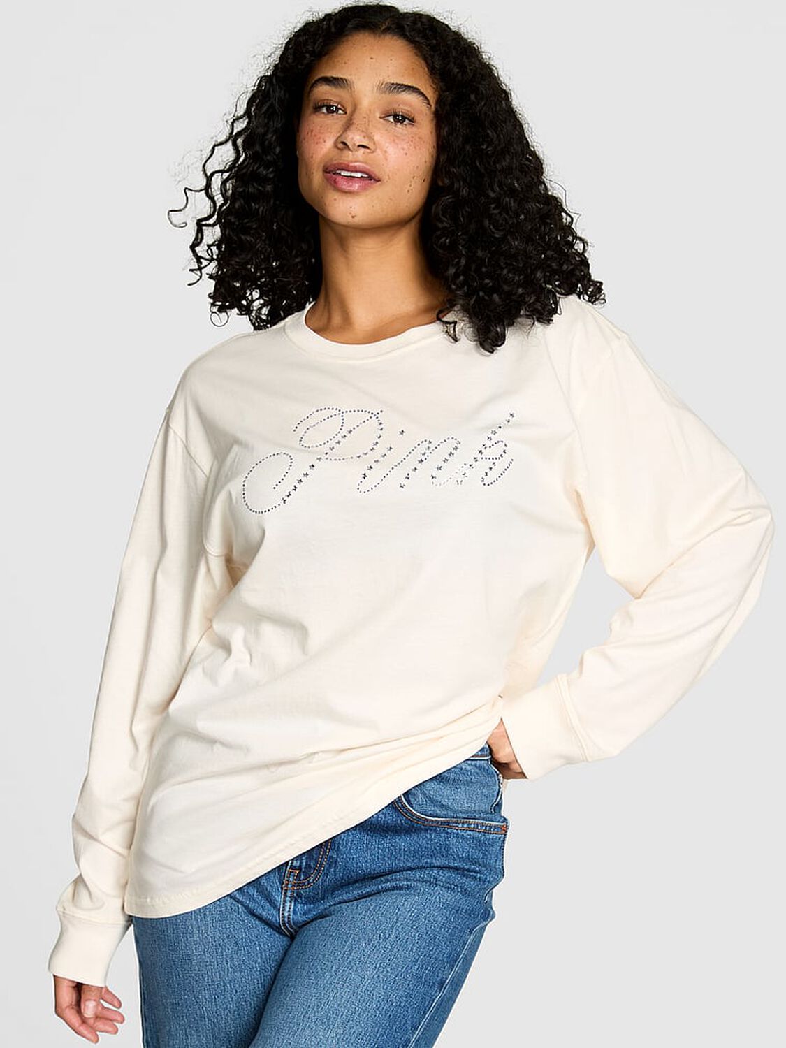 vs Pink Campus Cotton Long-Sleeve Tee Winter White Ott Shine Capsule 1 of 3 