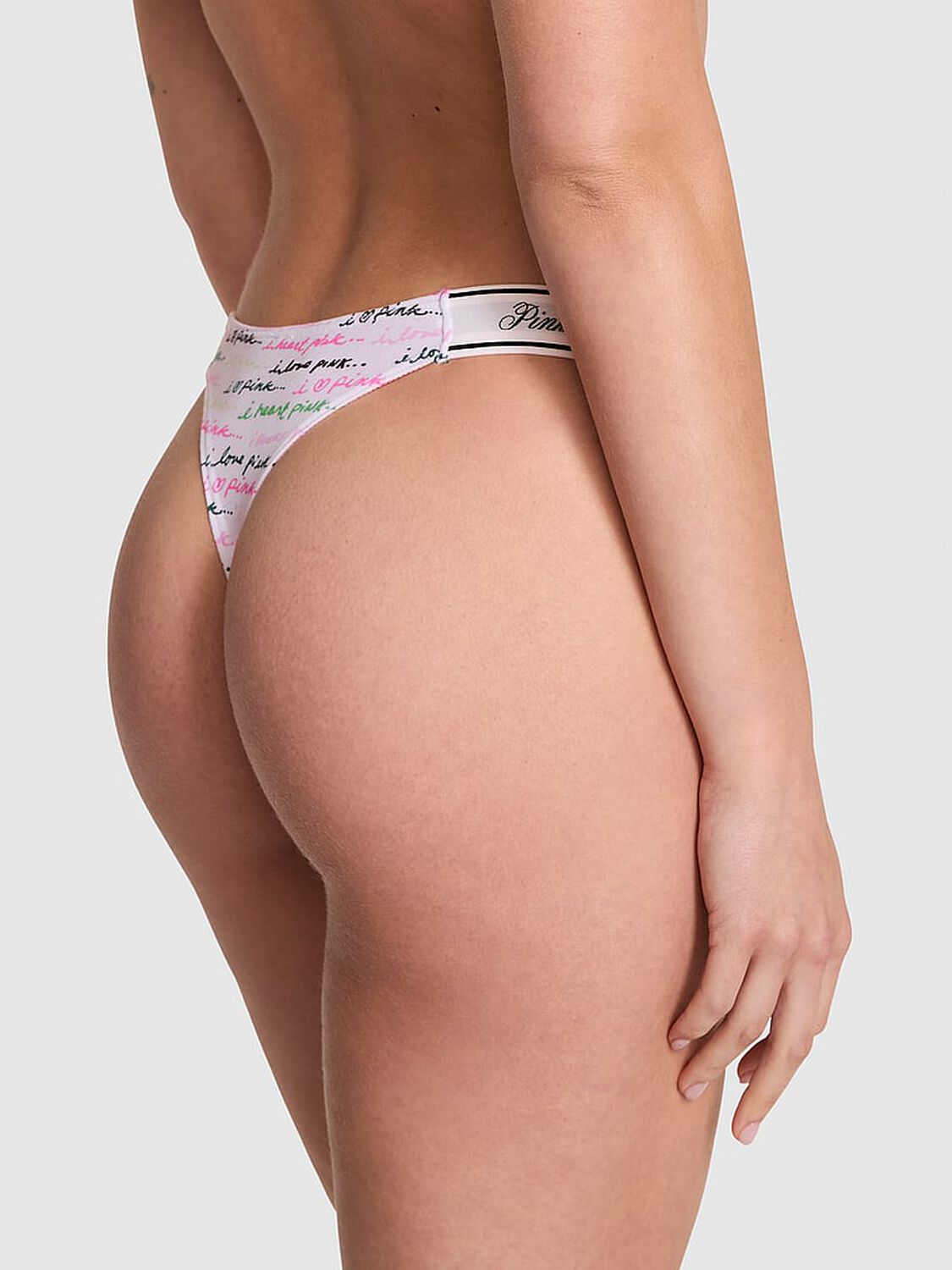 vs Pink Logo Cotton Shine High-Leg Thong Panty White Script Print 2 of 3 