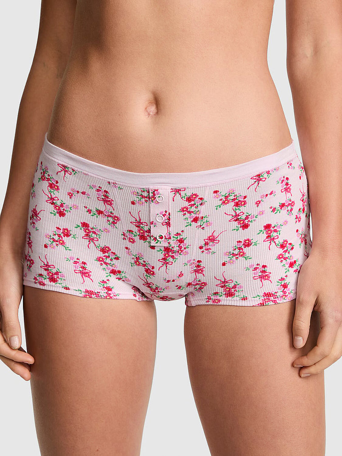 vs Pink Cotton Dorm Boyshort Panty Pink Tulip Floral Bow 1 of 3 