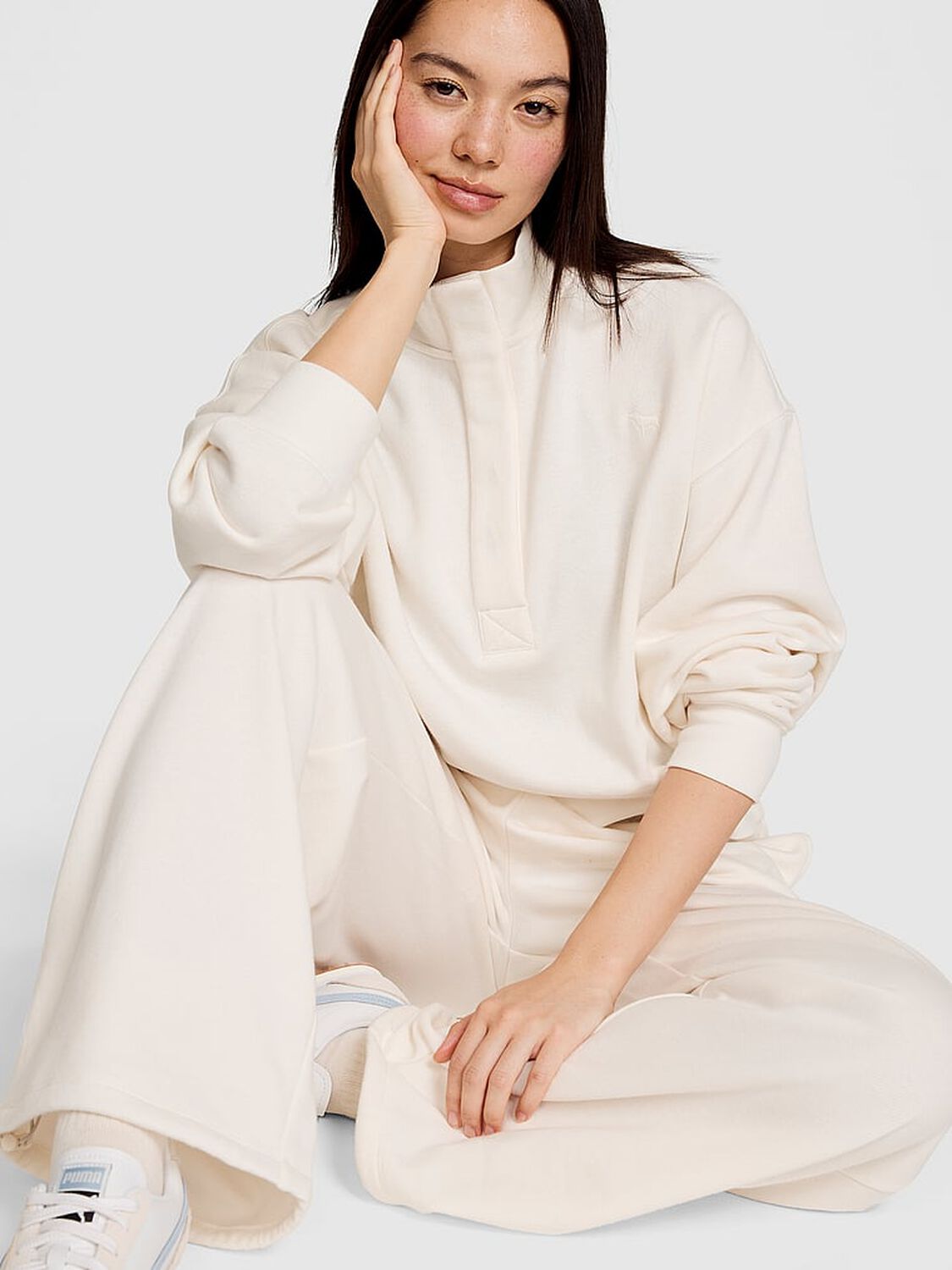 vs Pink Campus Fleece&trade; Snap-Up Sweatshirt Cozy White 1 of 3 