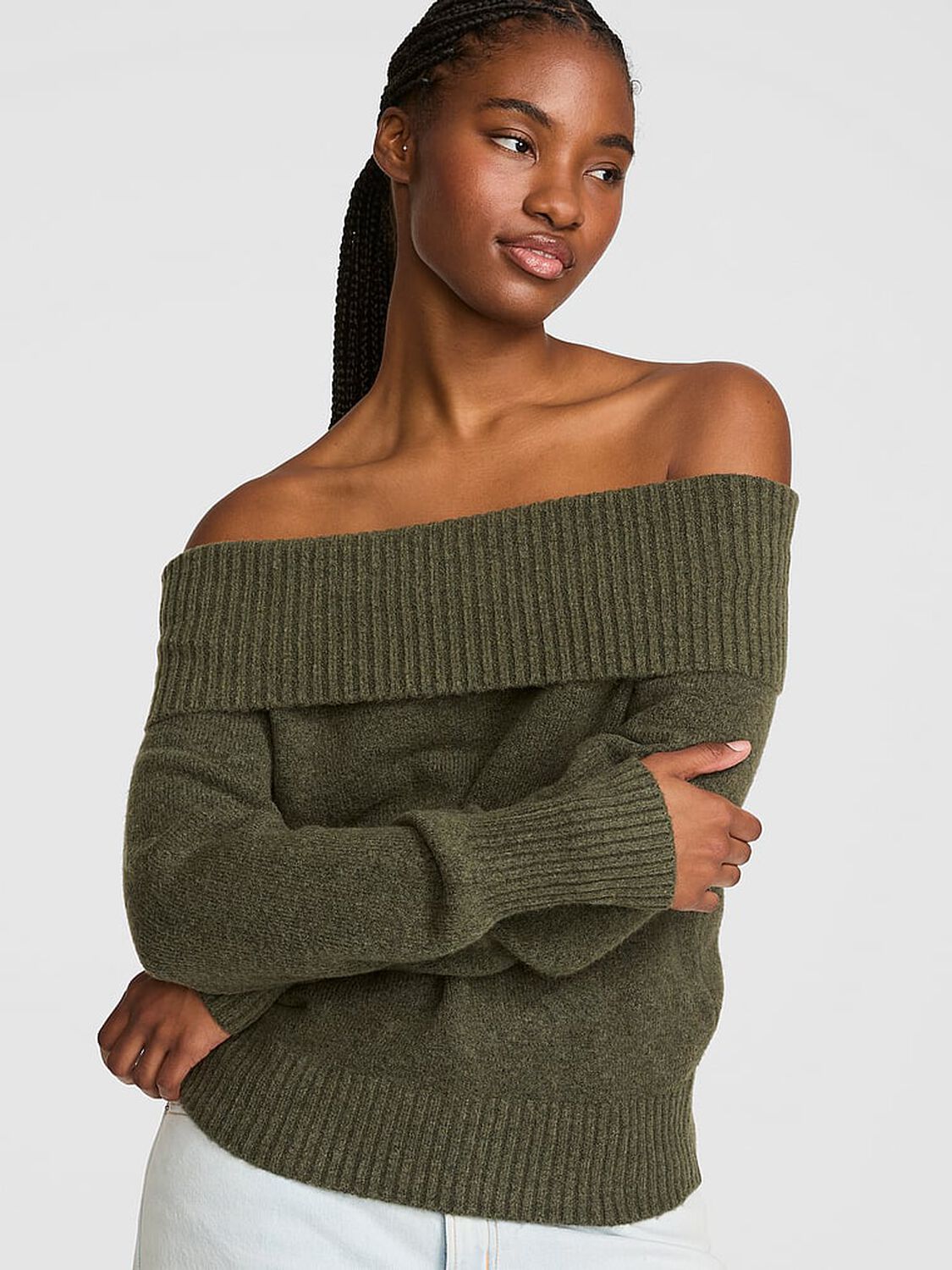 vs Pink Comfy Girl Oﬀ-The-Shoulder Foldover Sweater Artichoke 1 of 2 
