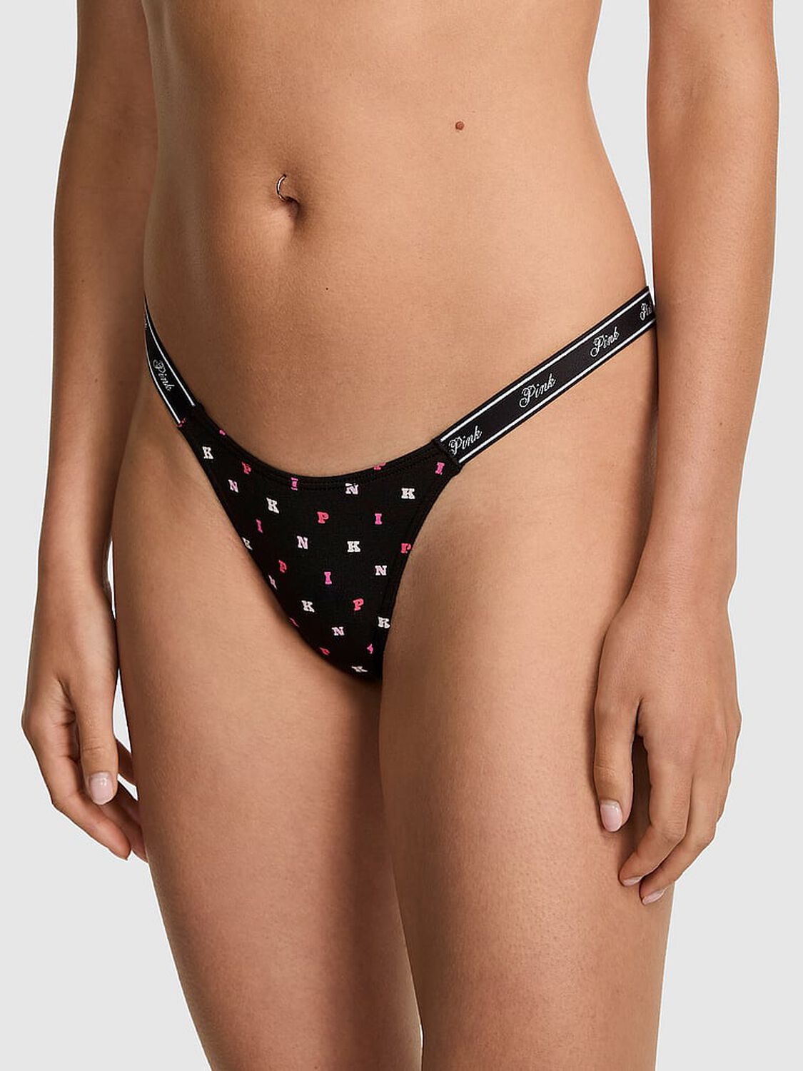 vs Pink Logo Cotton High-Leg Micro Thong Panty Black Block P I N K Print 1 of 3 