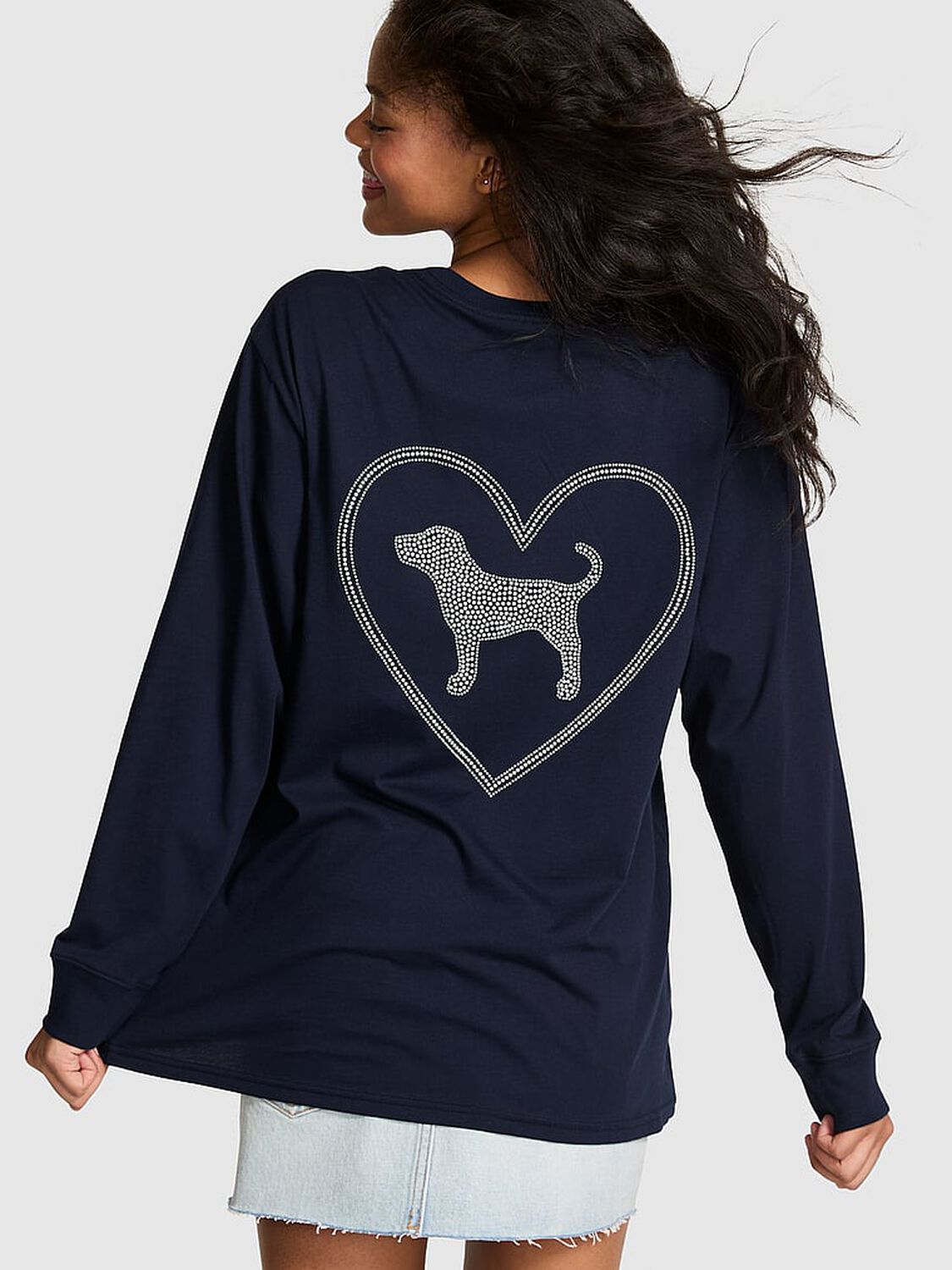 vs Pink Campus Cotton Long-Sleeve Tee Noir Navy Pretty In Pink 2 of 2 