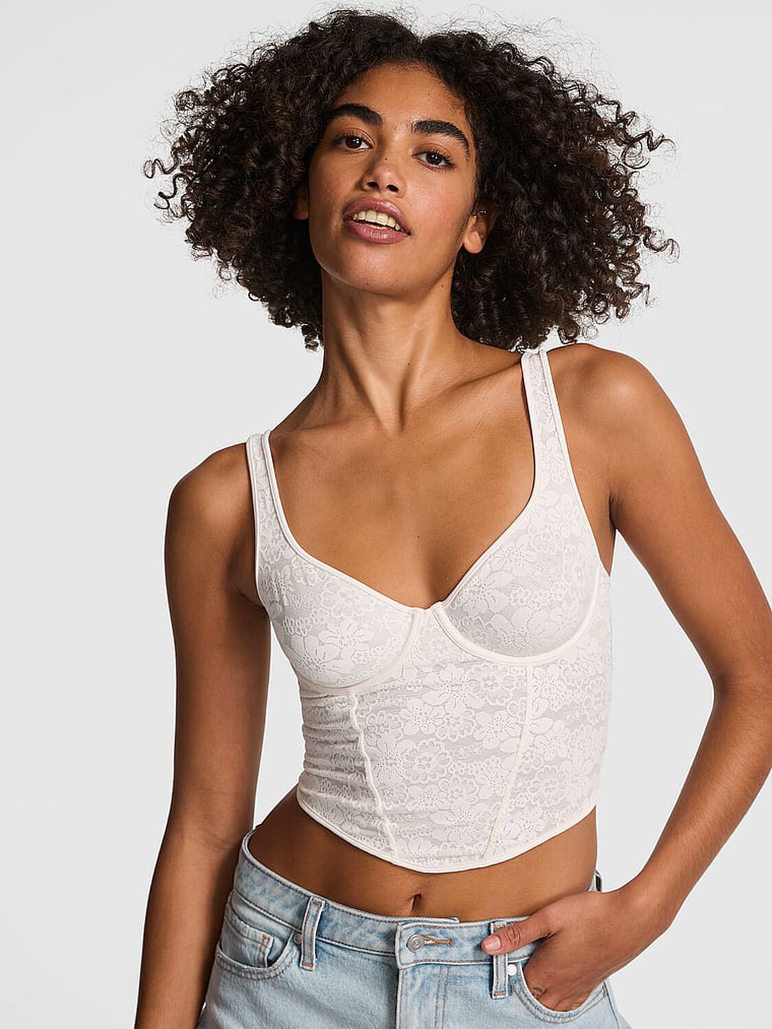 vs Pink Bralettes & Bra Tops Wink Lace Corset Top Winter White 1 of 4 