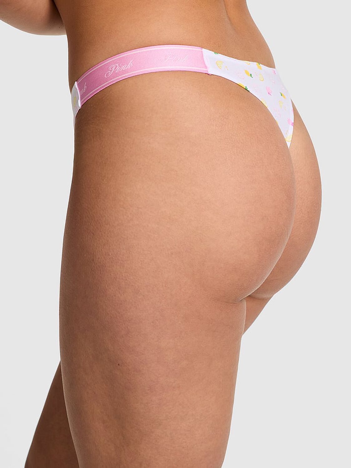 vs Pink Logo Cotton Shine High-Leg Thong Panty White Lemon Print 2 of 4 