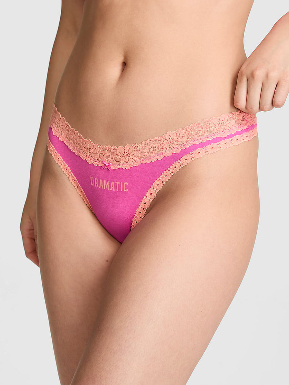 vs Pink Cotton Lace-Trim High-Leg Thong Panty Sizzling Strawberry With Peach Tree Lace And Dramatic Graphic 1 of 3 