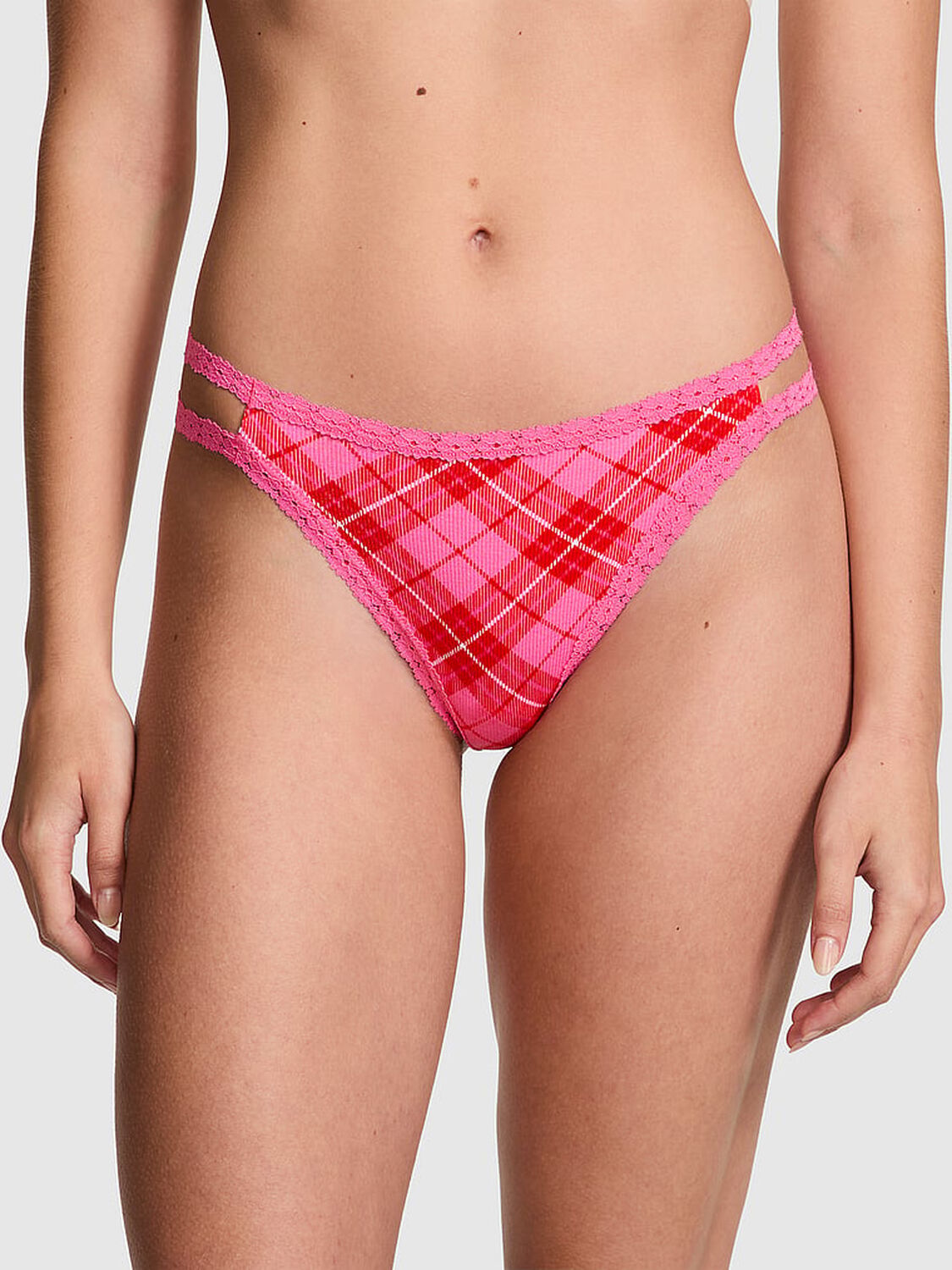 vs Pink WINK Lace-Trim Strappy Thong Panty Pink And Red Plaid Print 1 of 4 