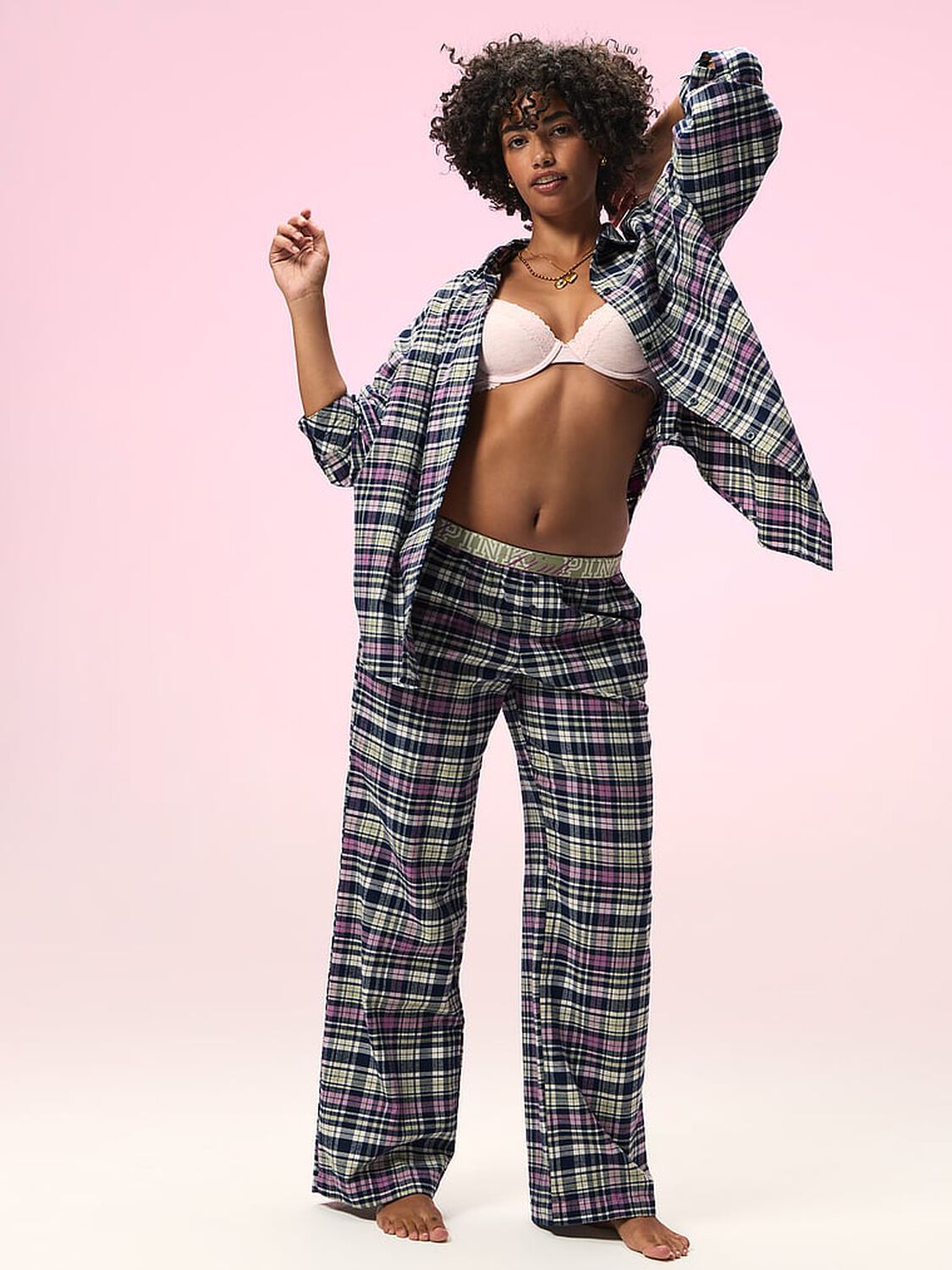 vs Pink 100% Cotton Favorite Flannel Button-Down Sleepshirt Woodland Green Plaid 4 of 4 