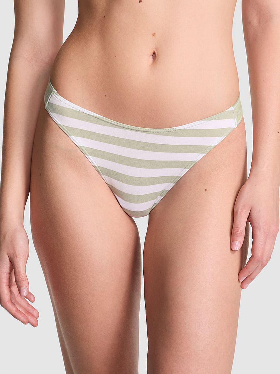 vs Pink Logo Cotton Shine High-Leg Thong Panty Green Garden White Stripe Print 1 of 3 