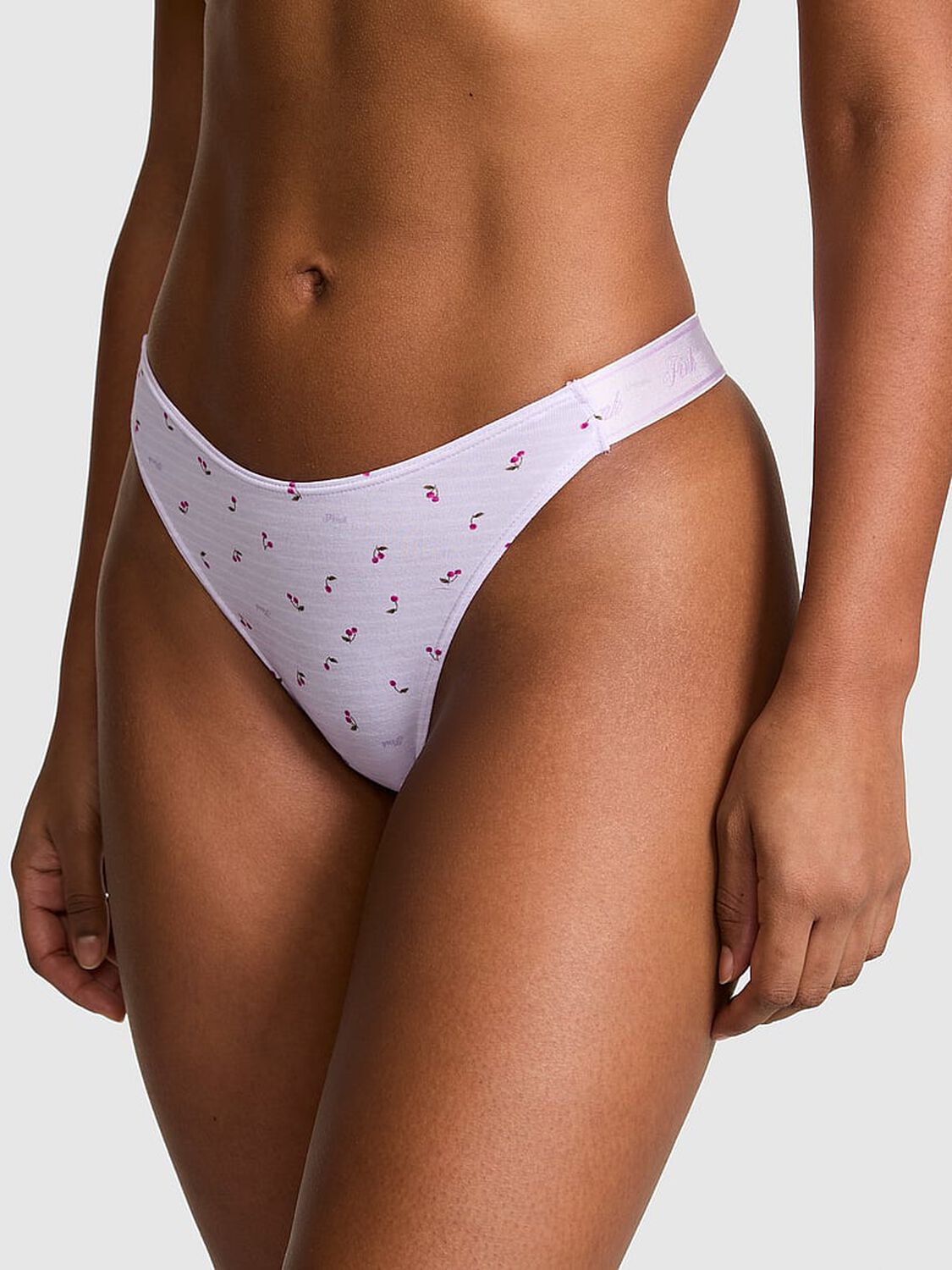 vs Pink Logo Cotton Shine High-Leg Thong Panty Purple Whisper Stripe Cherry Print 1 of 3 