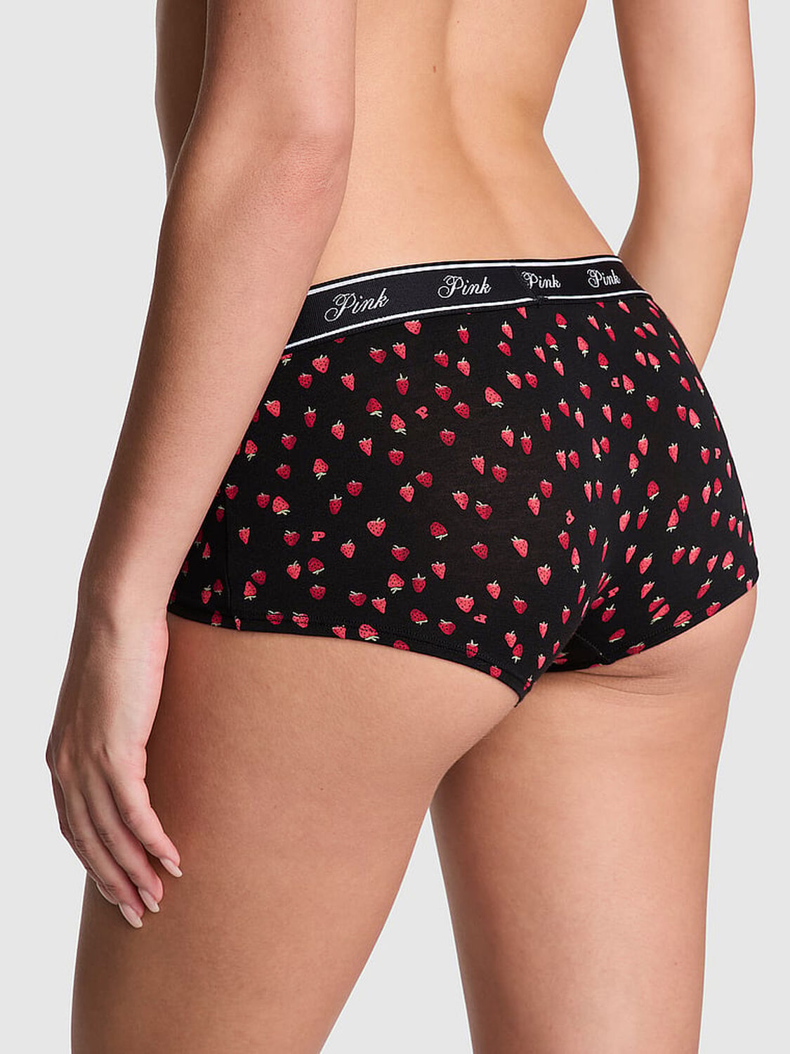 vs Pink Logo Cotton Shine Boyshort Panty Black Strawberry Print 2 of 3 