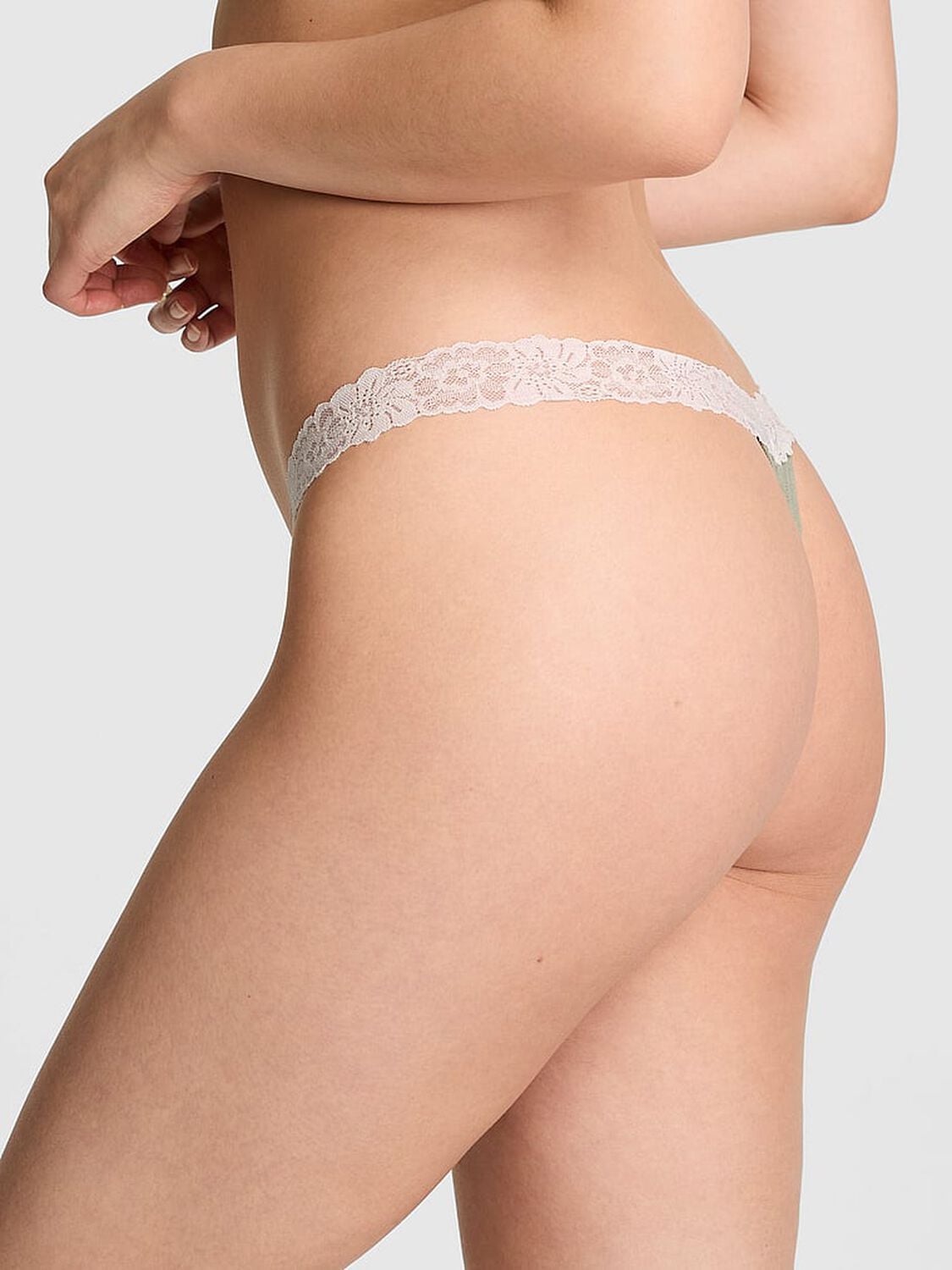 pink Pink Cotton Lace-Trim Thong Panty Slate Green 2 of 2 