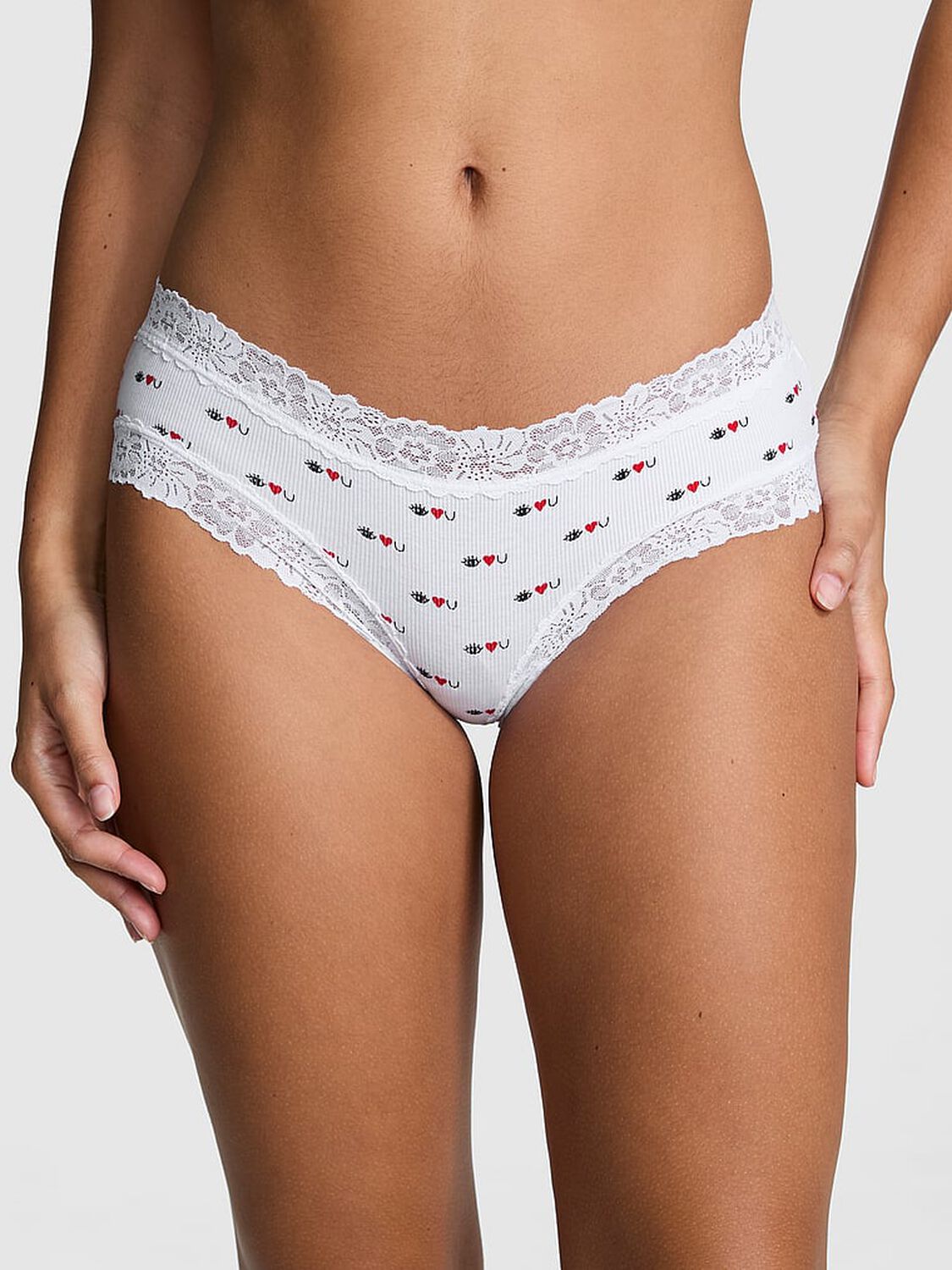 vs Pink Wink Lace-Trim Cheeky Panty White Eye Heart You Print 1 of 3 